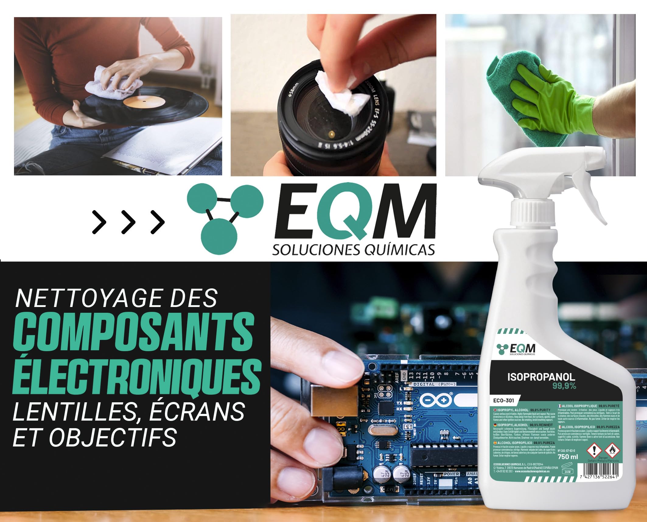 EQM - ECO-301 - Alcool Isopropylique Pur 99,9% - 750 ML - Nettoyage de Composants Électroniques, Objectifs, Écrans et Résines d’Impression 3D