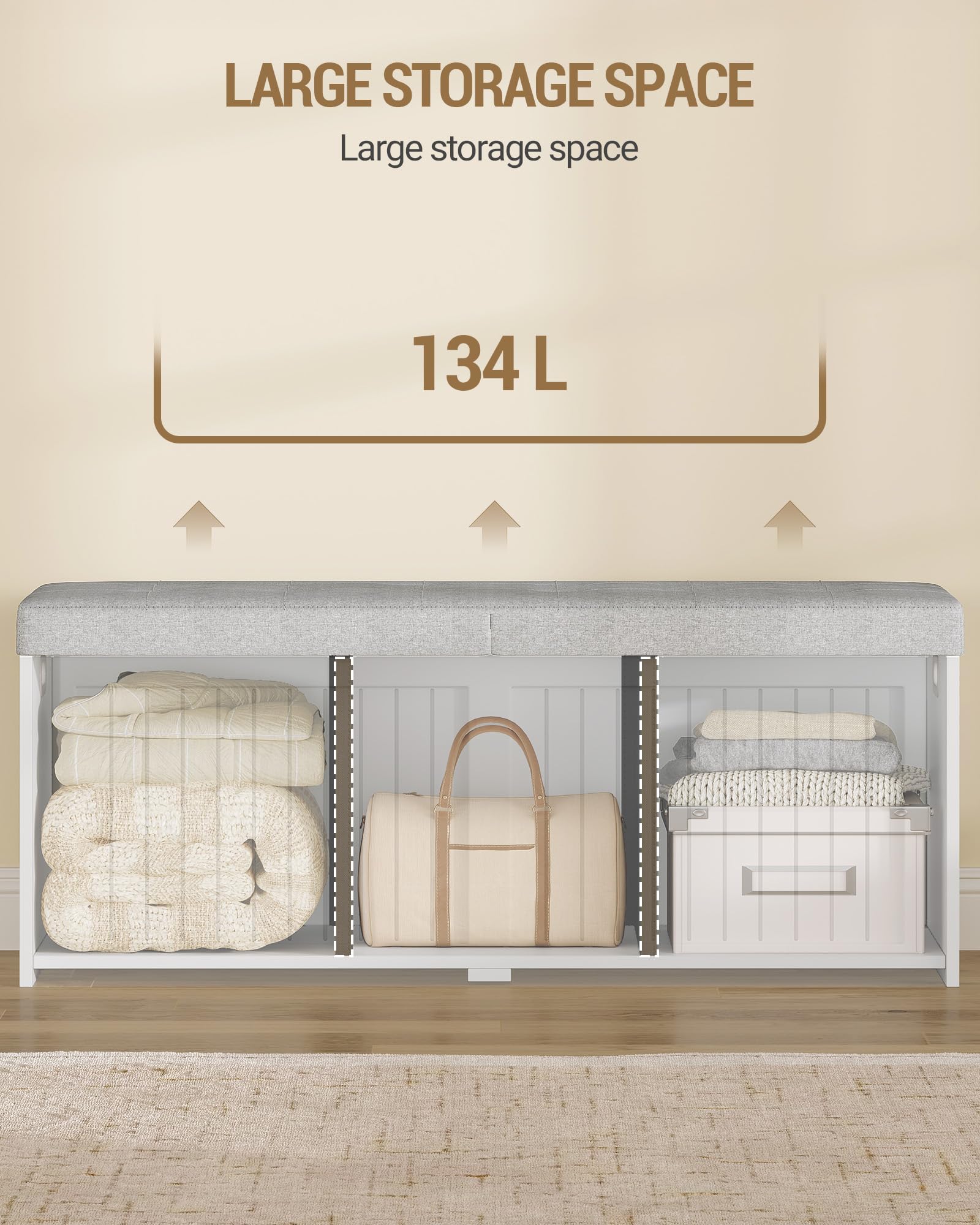 Hzuaneri Cassapanca contenitore da interno, Panca contenitore, Utilizzabile Come Portascarpe, con Cuscino in Lino, Adatta per Soggiorno, Ingresso e Atrio, 40 x 109 x 44,5cm, Bianco-Grigio SB01903GY