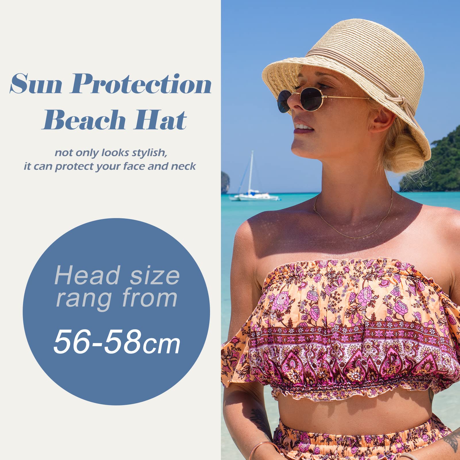 Comhats Chapeau de soleil pliable pour femme - Chapeau de paille pour la plage - Protection UV - Chapeau d'été, 92567_Beige, M