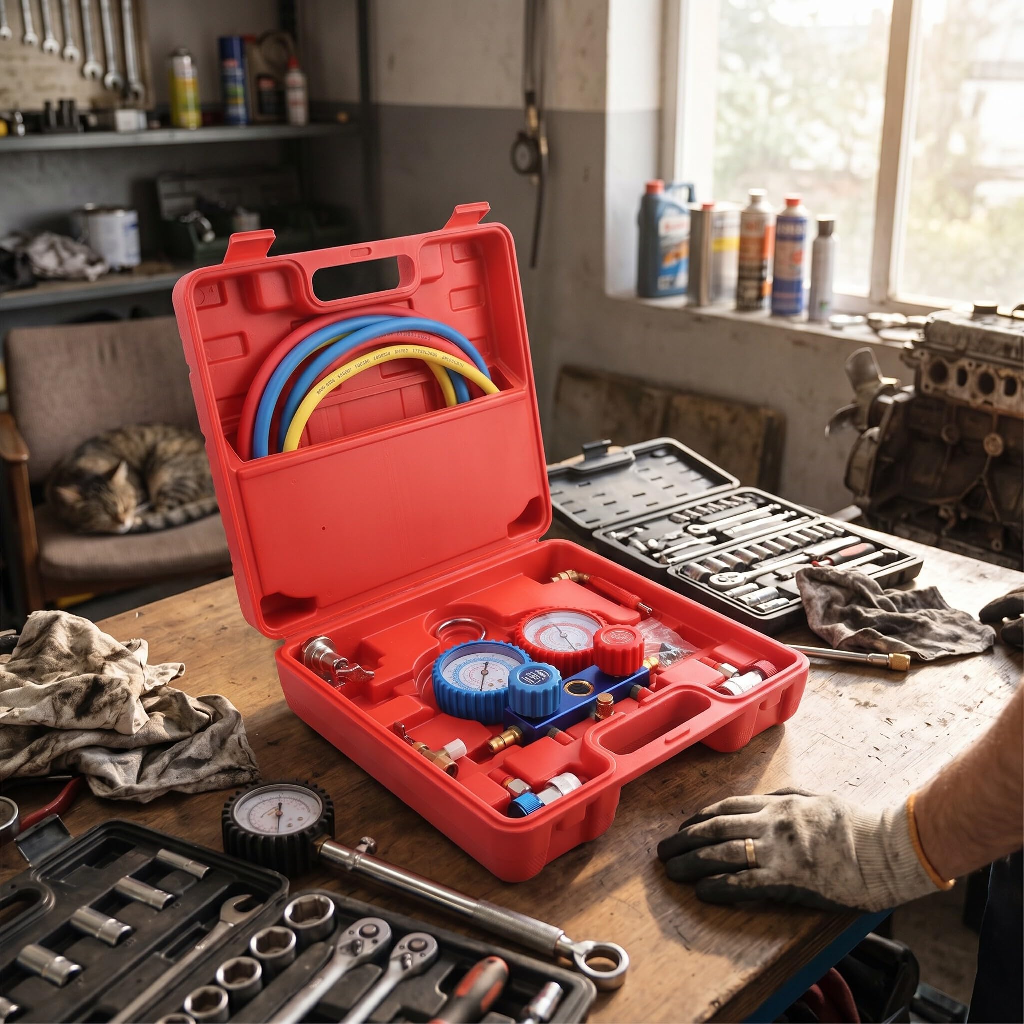 Klimaanlage Monteurhilfe R134A Kältemittel-Manifold-Messgerät Set mit 5-Fuß Schlauchset, Schnellkupplung für Split-Systeme