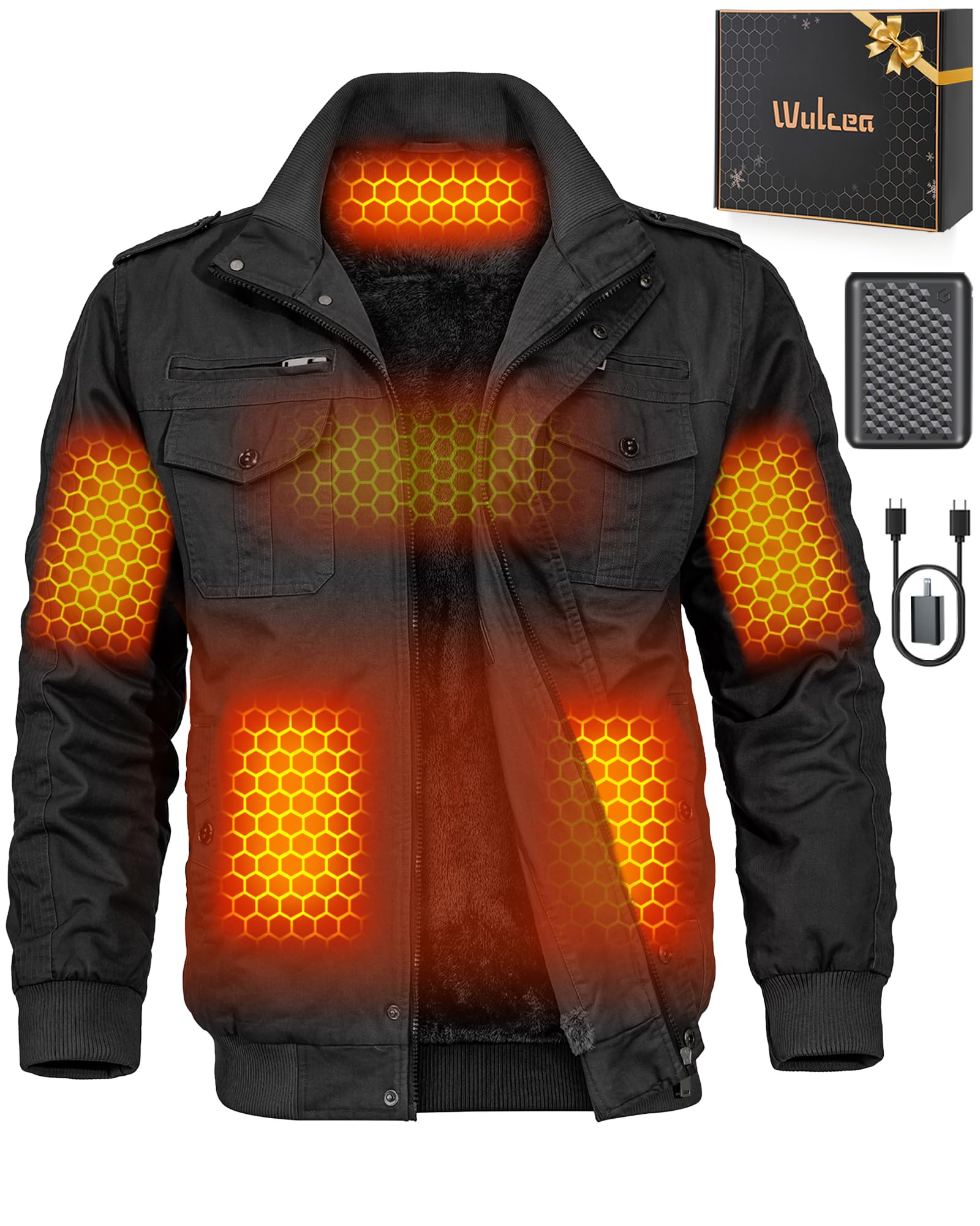 Men Heated Jacket Battery Pack Included 12v Sherpa Fleece Casual Hunting Truck Black North Coat Warm Work Clothes Extreme Cold Weather Tactical Military Flight Aviator Cowboy Yellowstone Face Gift