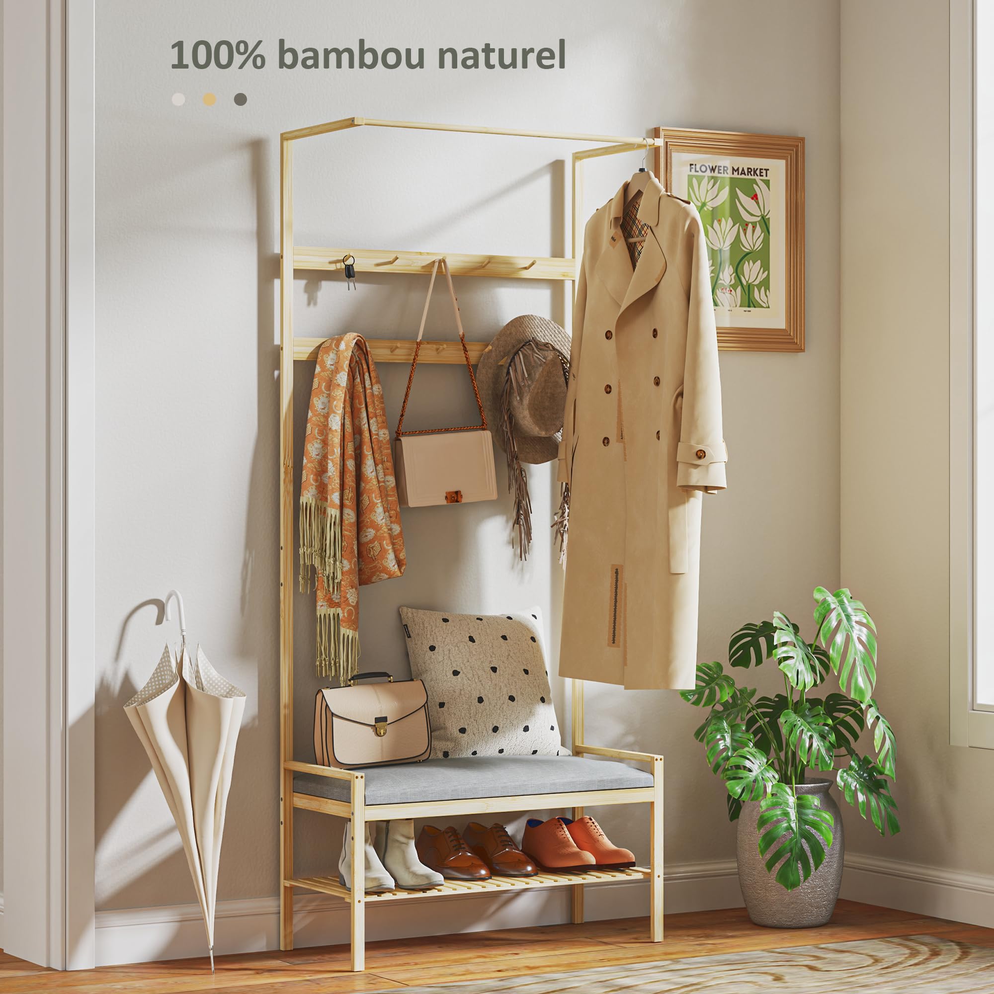 HOMCOM Porte-manteau avec étagère à chaussures en bambou, meuble d'entrée avec banc,10 crochets, tringle à vêtements, coussin rembourré, vestiaire pour entrée, couloir, salon, 73,5x34x171 cm, naturel