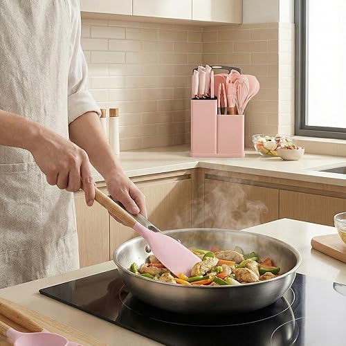 Miniatura 2 de Juego de utensilios de cocina rosa de 19 piezas, utensilios de cocina de silicona, juego de espátulas no tóxicas, herramientas de cocina, tabla de