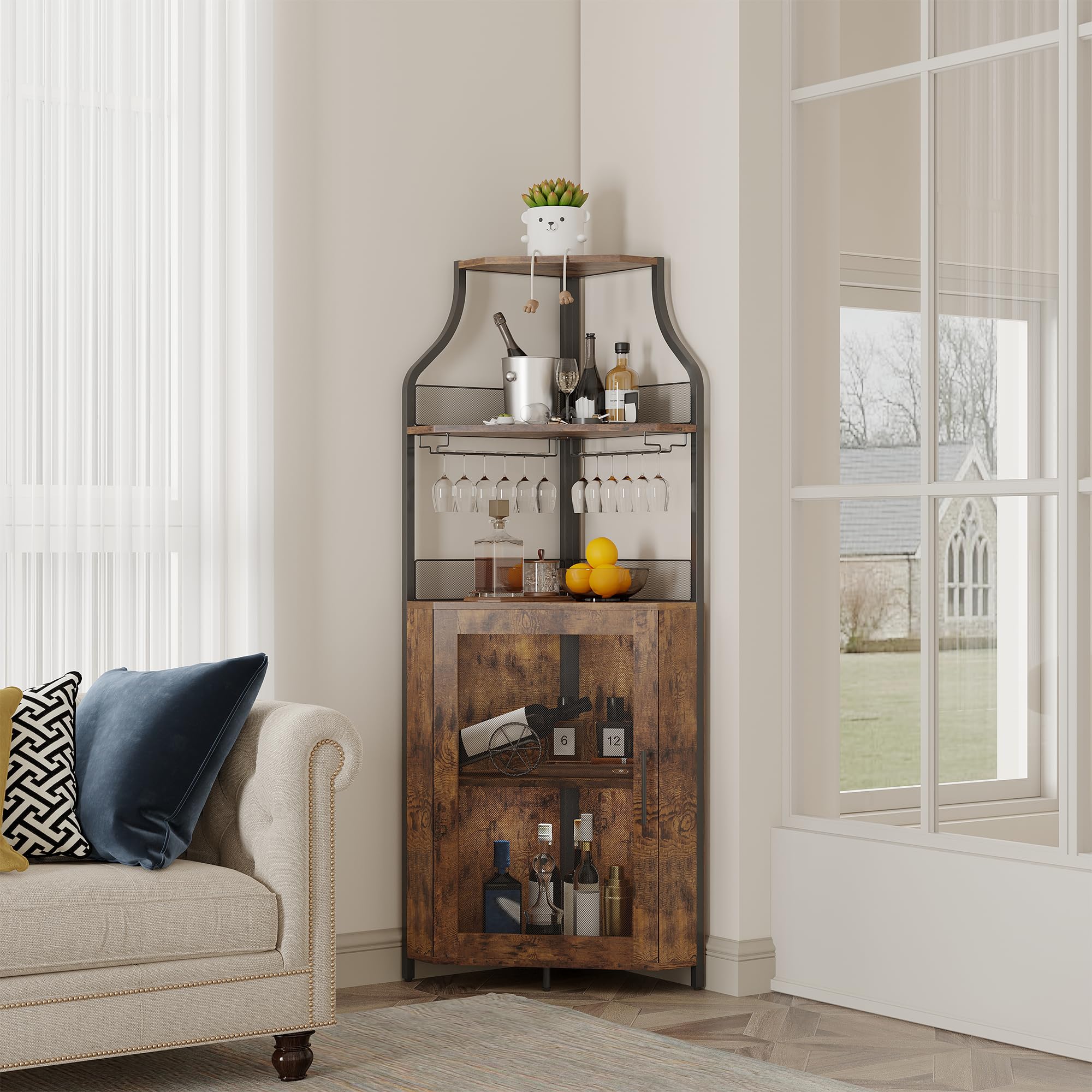 GarveeTech Eckbar Weinschrank Mit LED-Beleuchtung – 5-Stufiger Industrie-Bar-Schrank Mit Glasständer, Moderner Spirituosenschrank Mit Höhenverstellbarem Regal & Maschentür – Home Bar Cabinet, Braun