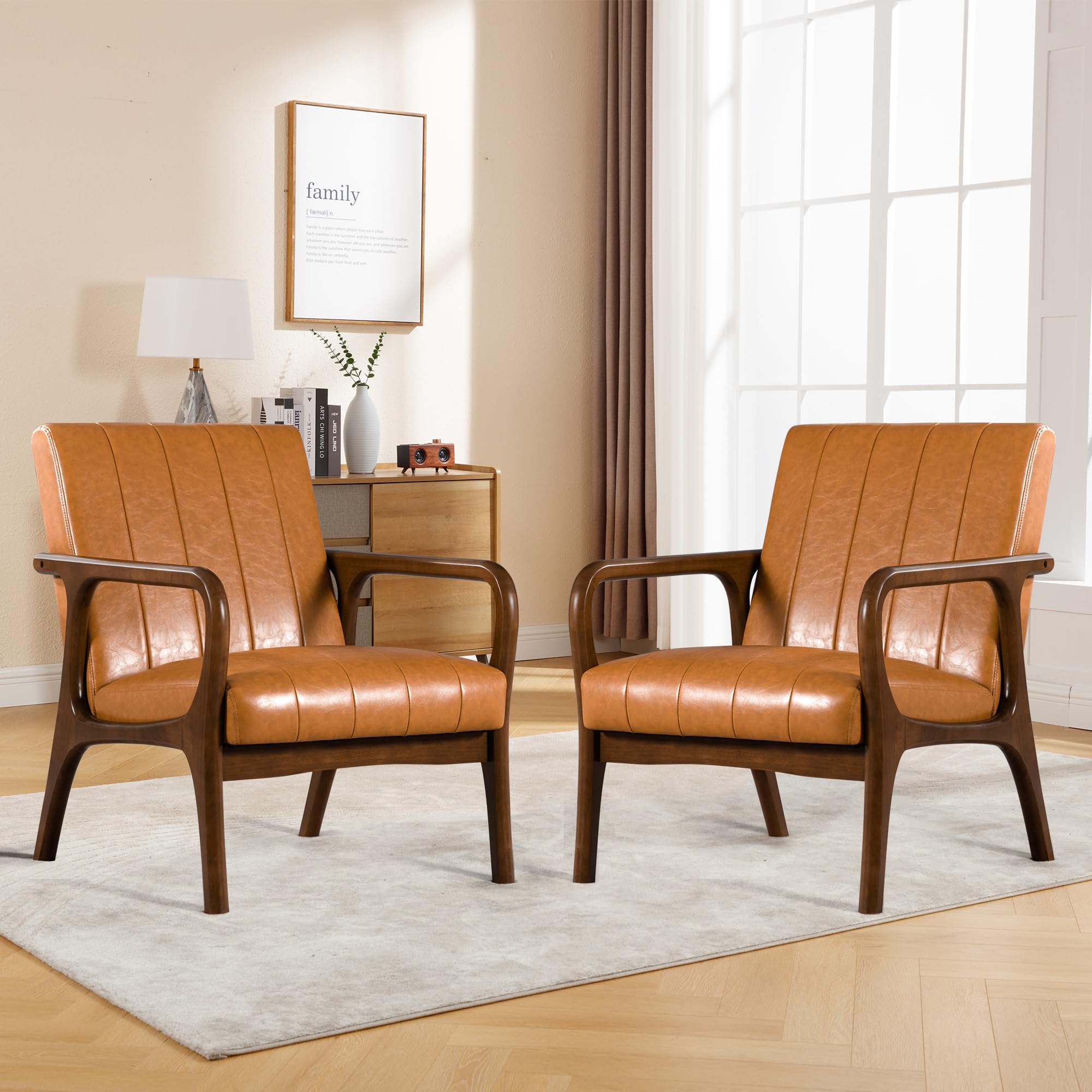 Leather Accent Chairs Set of 2, Mid Century Modern Chairs with Wood Arm,  Comfy Armchair for Reading Living Room, Bedroom, Brown
