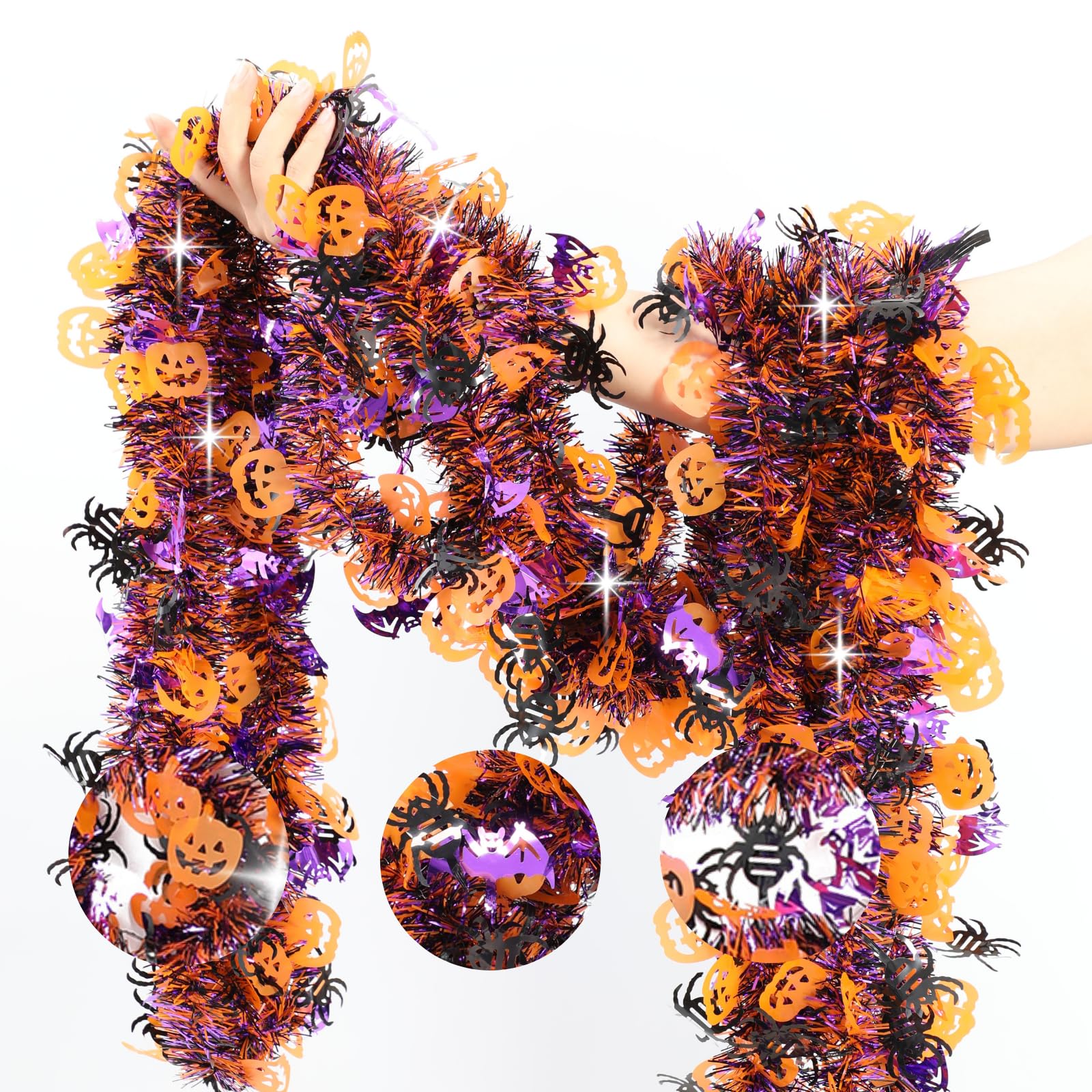 33 FT Halloween Tinsel Garland Decorations,Orange Purple Black Halloween Garland with Pumpkins, Bat, Spider Shiny Metallic Garlands for Indoor Outdoor Decorations