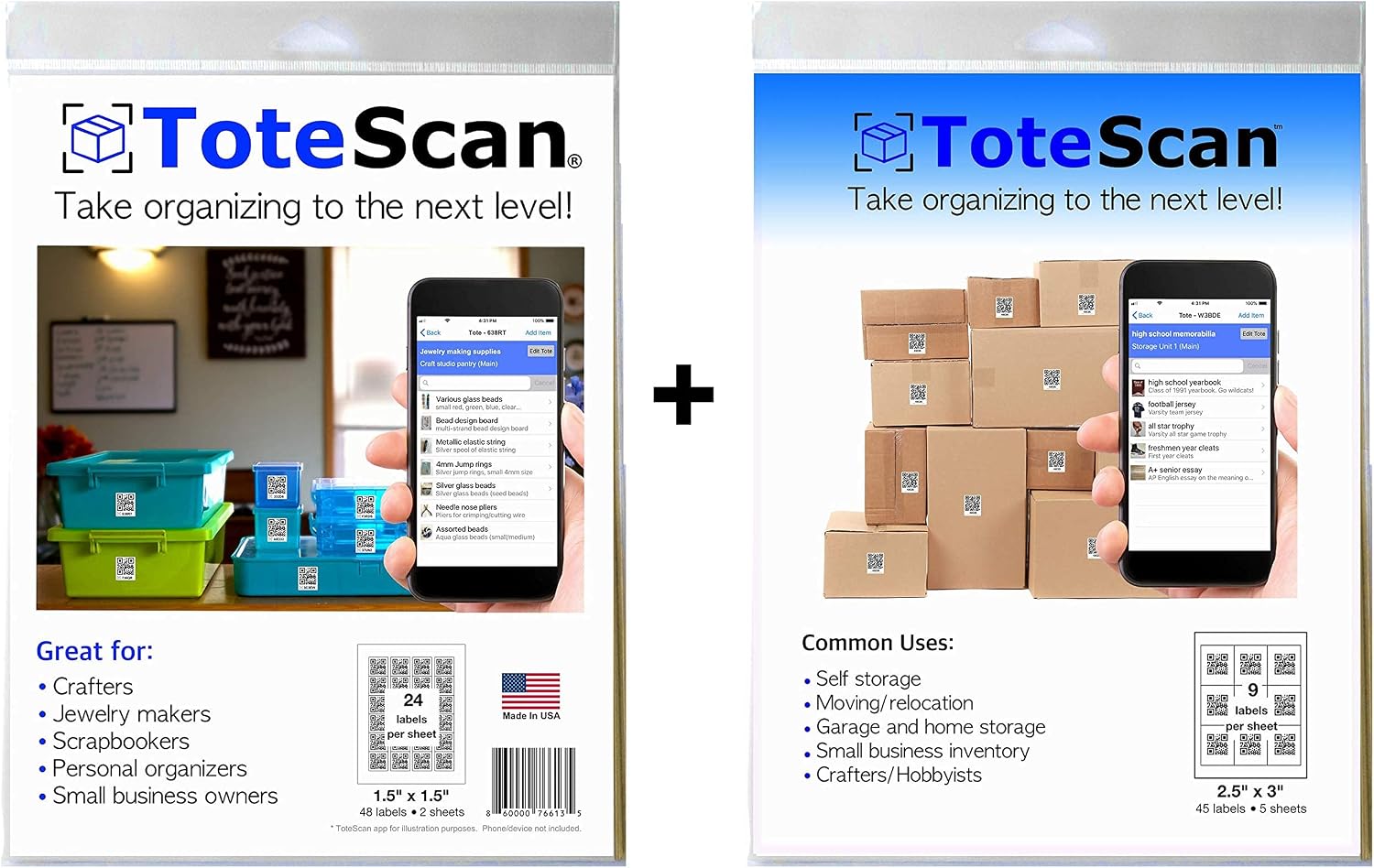 ToteScan large labels (2.5" x 3", 45 labels) and small labels (1.5"x1.5", 48 labels) value bundle