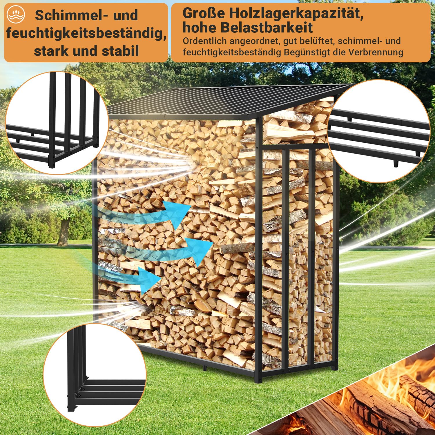 Kaminholzregal Aussen Metall, 185 x 70 x 185 cm, 2,3 m³ | Anthrazit Metall Stapelhilfe mit 2,3 m³ – zum Stapeln von Brennholz im Garten oder auf der Terrasse