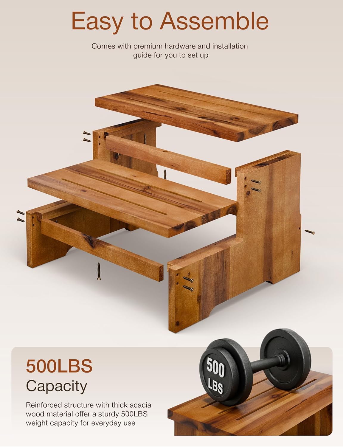 TINAMO 16.5" Long Step Stool for Adult - Acacia Wood Two Step Stool 500 Lbs - Wooden Riser 2-Step Spa & Hot Tub Stairs for Pool - Heavy Duty 2 Step Stools for Bed, Kitchen (Patent Pending)