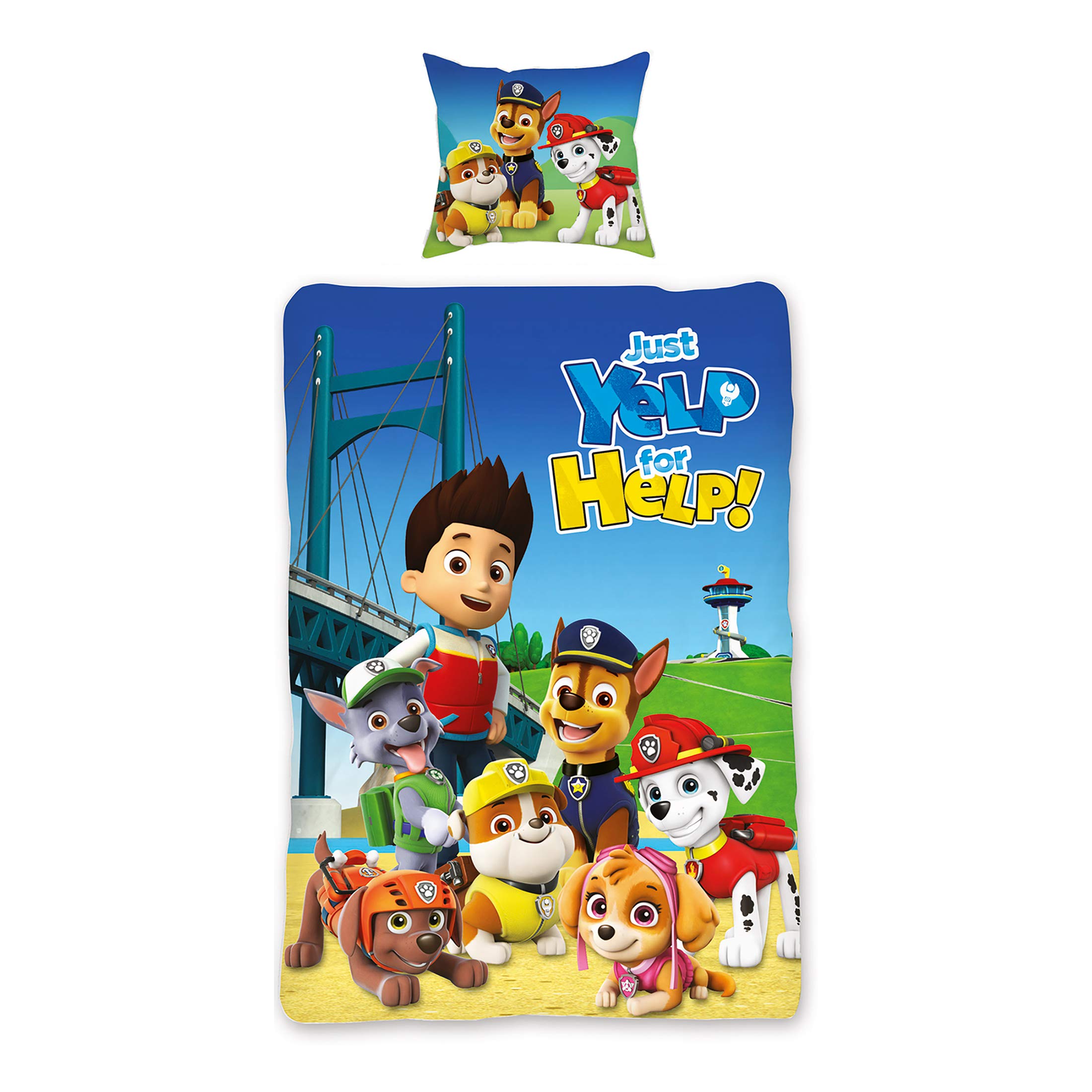Paw Patrol Bettwäsche Team Blau 135 cm x 200 cm + 80 cm x 80 cm 100% Baumwolle Renforcé-Linon-Qualität Chase Marshall Rocky Zuma Rubble Skye Ryder Wende-Bettwäsche deutsche Größe Reißverschuss
