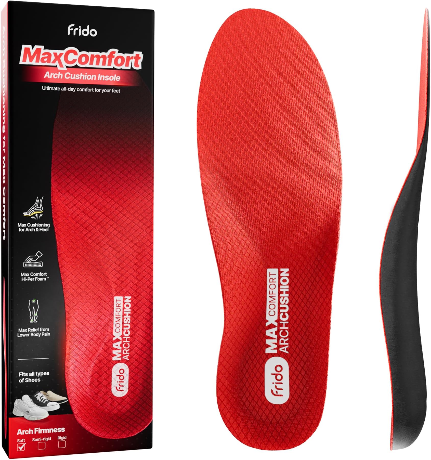 Frido Max Comfort Arch Cushion Insole | Relieves Arch Pain | Proprietary Hi- Per Foam Orthotic Inserts | Deep Heel Cup for Enhanced Stability | Sports & Casual Shoe Insert | Small (4-7 UK) Pack of 1