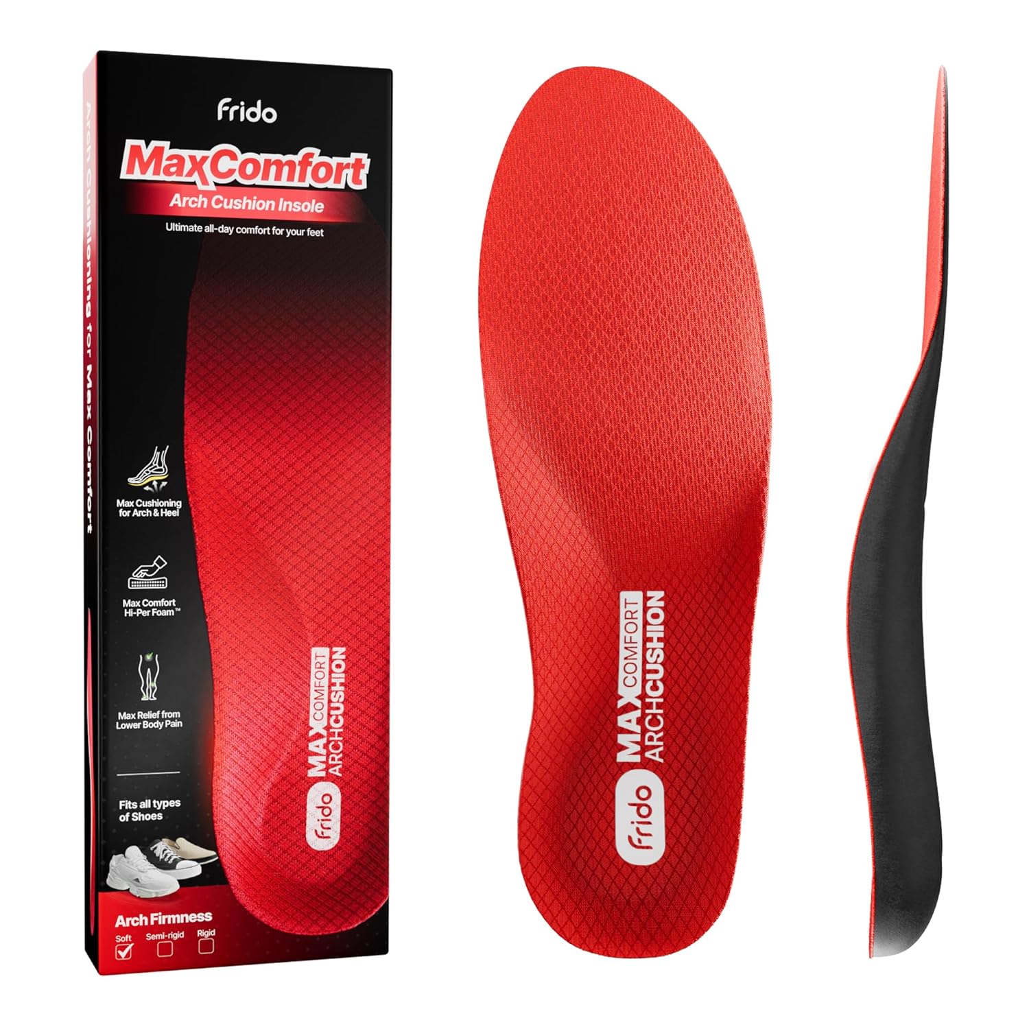 Frido Max Comfort Soft Arch Cushion Insole, Relieves Feet Pain, Plantar