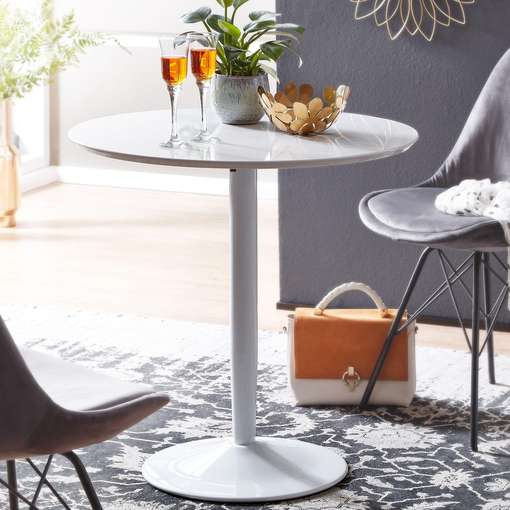 FineBuy Table à Manger Ronde 75x75x74 cm Blanche Brillante