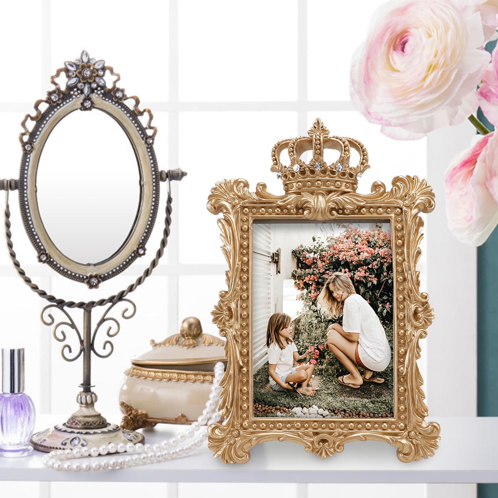 Marco de Fotos Diseño de Tallada de Estilo Europeo Retro Dorado Varios estilos y Resina Varios estilos para Decoración del Hogar y Dormitorio