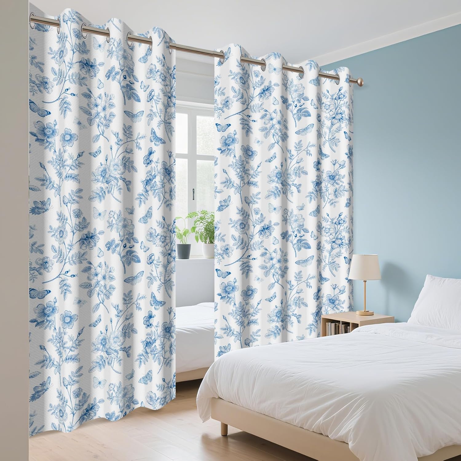 AWERT Blue Floral Linen Window Curtains 84 inch Length 2 Panels Romantic Flowers Butterflies Leaves Farmhouse Light Filtering Drapes for Bedroom Living Room Wide Sliding Door Curtains 52x84 Inches