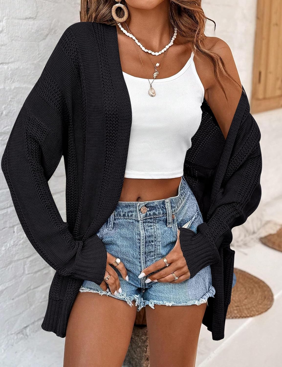 Amarmia Women's Long Sleeve Lightweight Cardigan Sweaters Open Front Summer Spring Drop Shoulder Cardigan with Double Pockets - Image 2