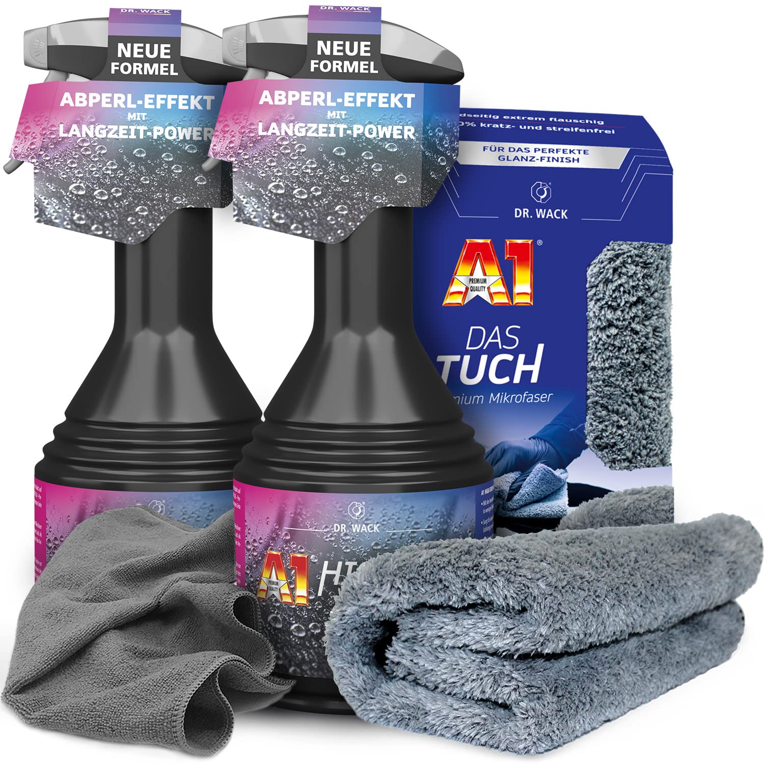 Kit d'entretien de voiture : 2 x Dr. Wack A1 High End Spray Wax + 1 x Dr. Wack DAS Chiffon + chiffon microfibre Premium 40 x 40 cm
