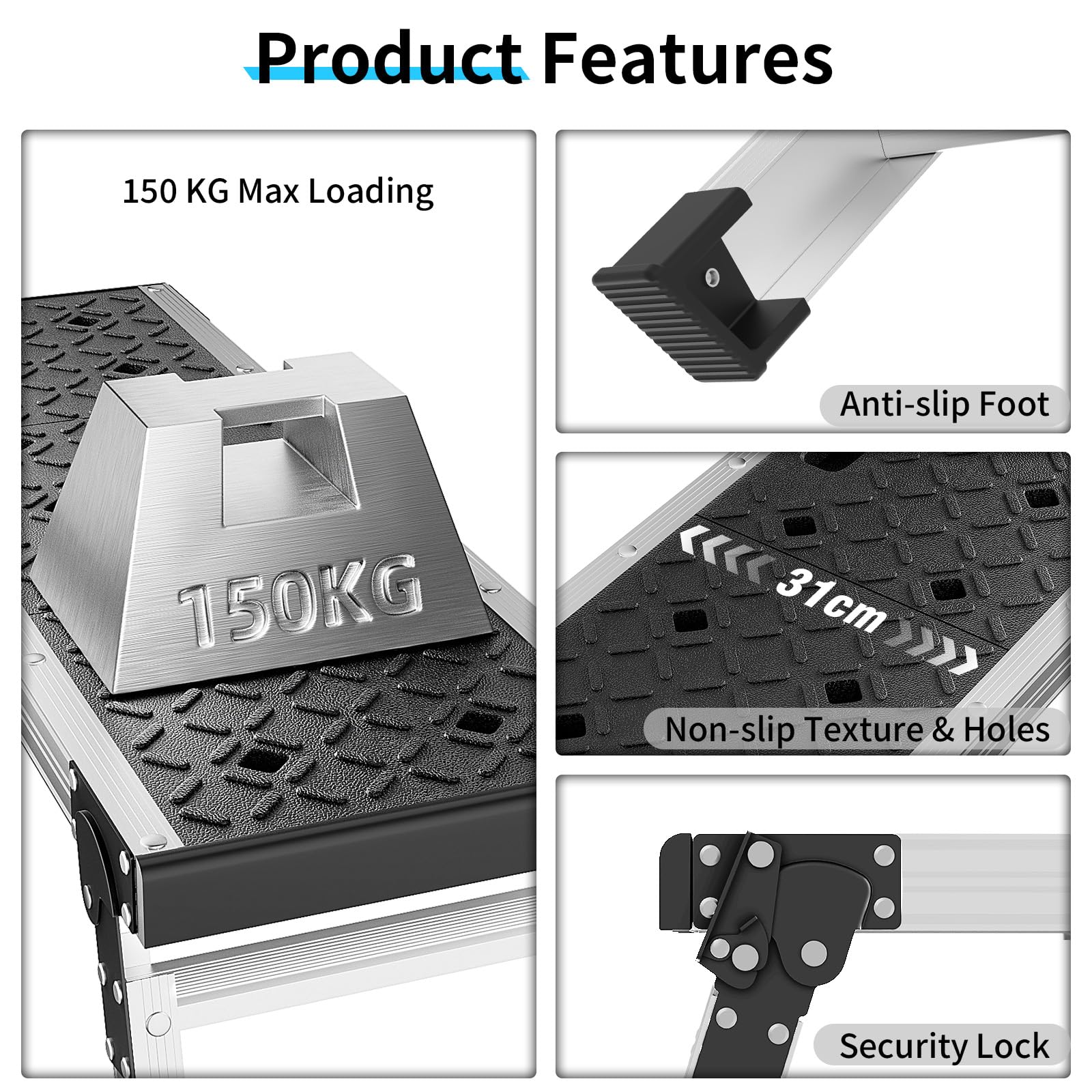 Johgee Plataforma de trabajo plegable, plataforma de trabajo de aluminio plegable con pies antideslizantes, taburete plegable con cierres de seguridad para limpieza de coches, trabajos de pintura
