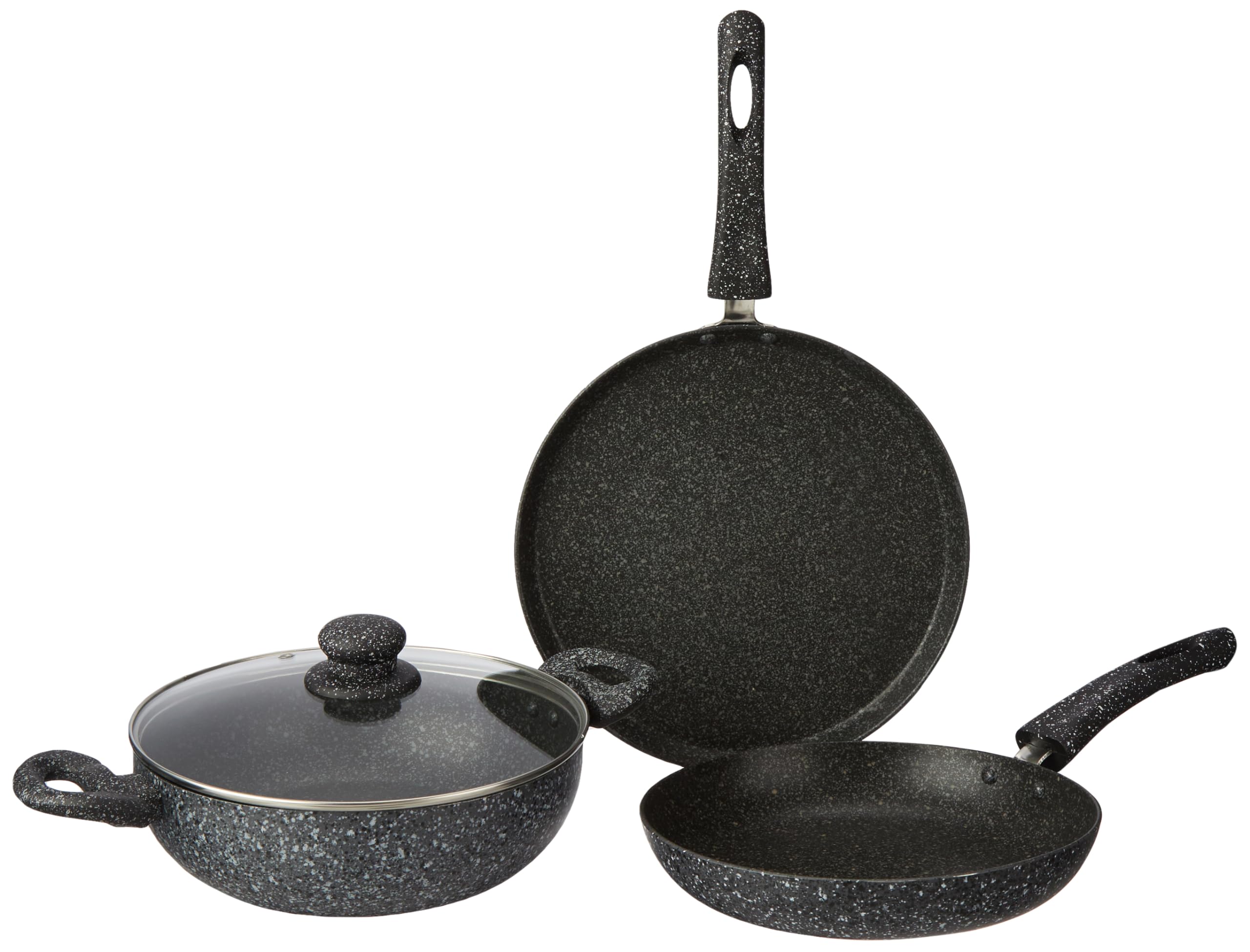 Amazon Basics Rock 3 Pcs Induction Bottom Nonstick Granite Finish Set-Soft Touch Handles (Dosa Tawa - 28 Cm, Kadhai - 24 Cm, Fry Pan - 24 Cm with Common Glass Lid)