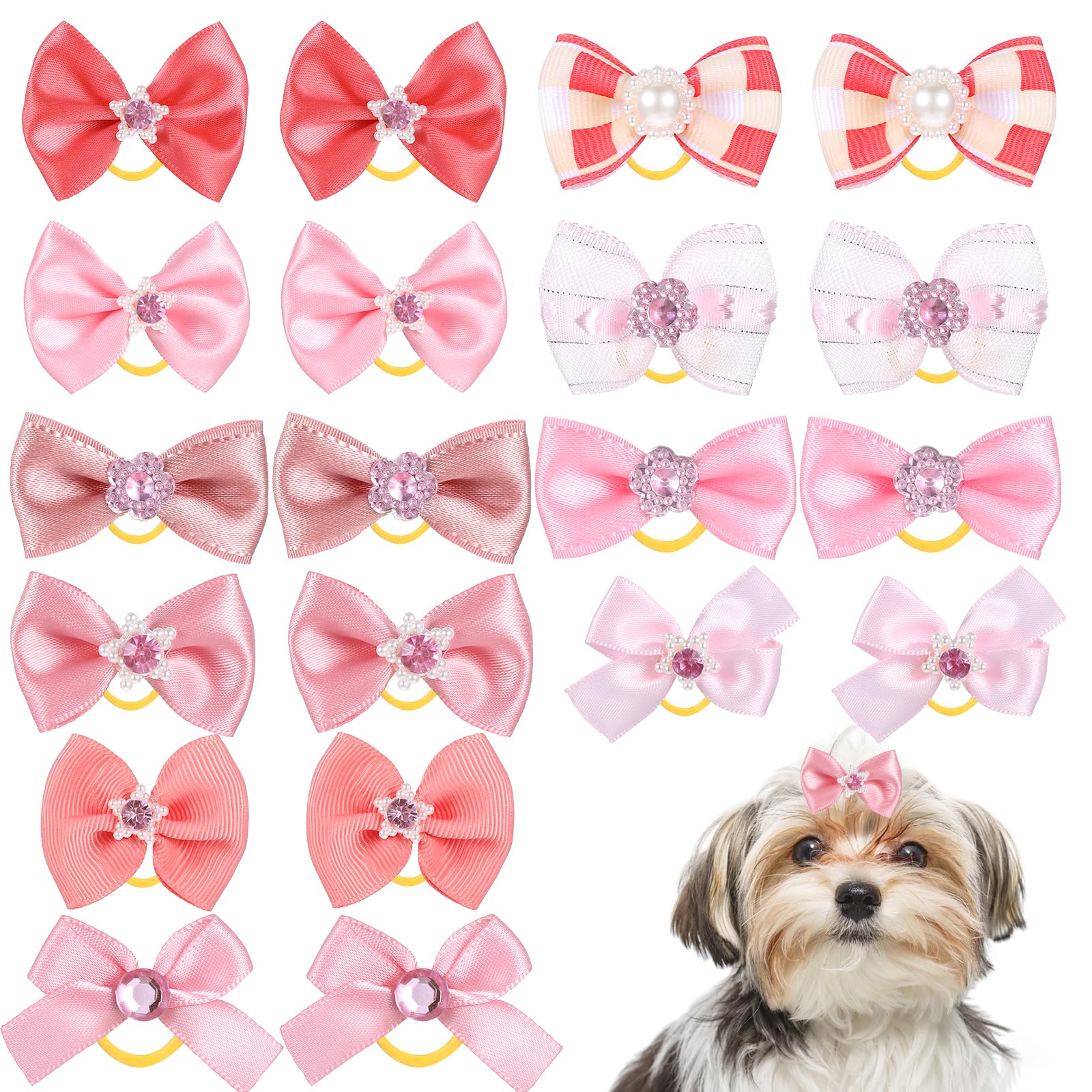 TIESOME 20 PCS Dog Hair Bows with Rubber Bands, Pink Small Size Cute Puppy Hair Bows Multiple Style Elastic Pet Puppy Clip for Holiday Daily for Yorkie Pomeranian Dogs
