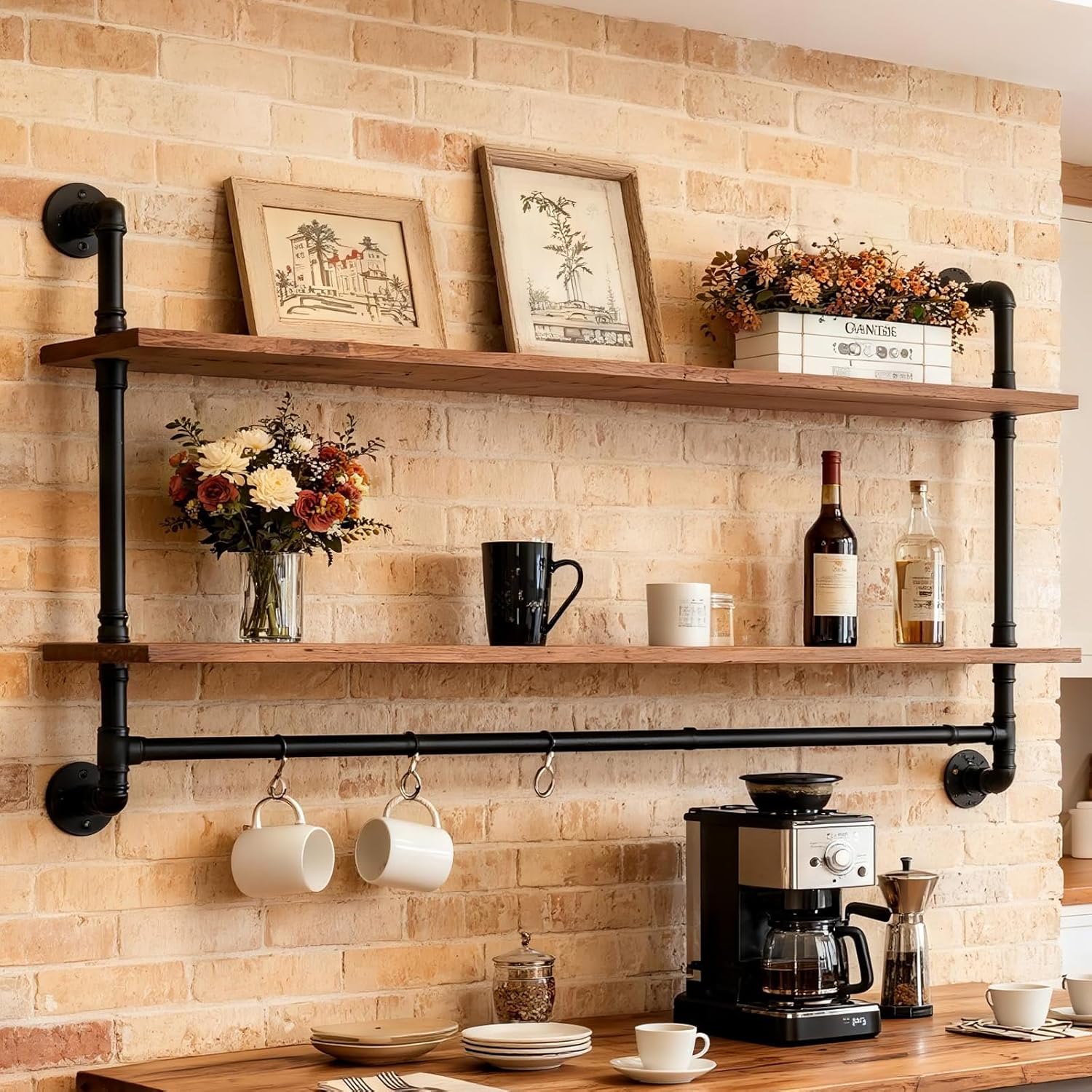 Industrial Pipe Shelving Pine Shelf,Pipe Shelves with Wood Planks,Wall Mounted Bookshelf,Floating Bar Shelves(2 Tier 42In)