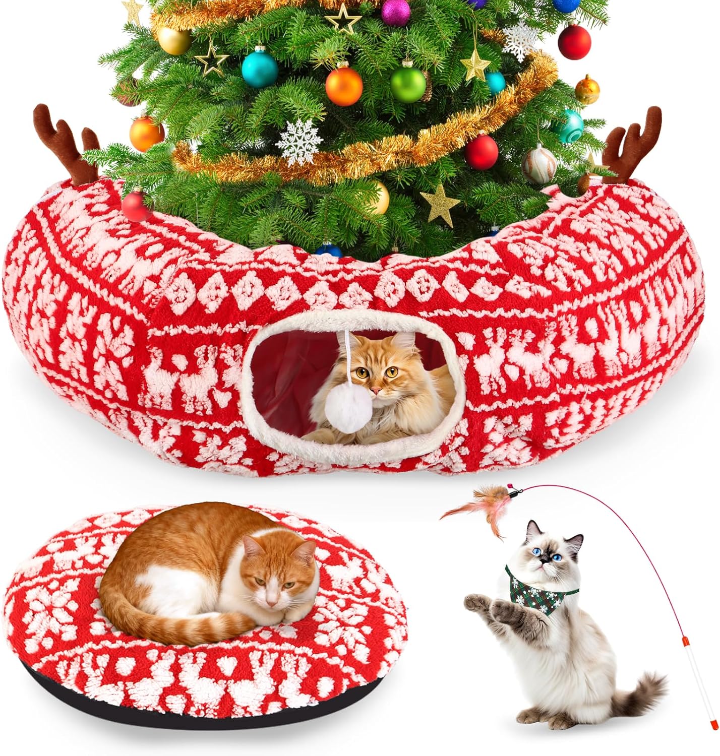 Cat Tunnel Bed Under Christmas Tree 35.4" Festive Circle Cat Tunnel with Feather Toys Adjustable Bibs Foldable Holiday Decorative Pet Cave for Indoor Cats Small Animals Fits Under Tree Skirt