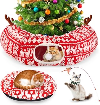 Cat Tunnel Bed Under Christmas Tree 35.4" Festive Circle Cat Tunnel with Feather Toys Adjustable Bibs Foldable Holiday Decorative Pet Cave for Indoor Cats Small Animals Fits Under Tree Skirt