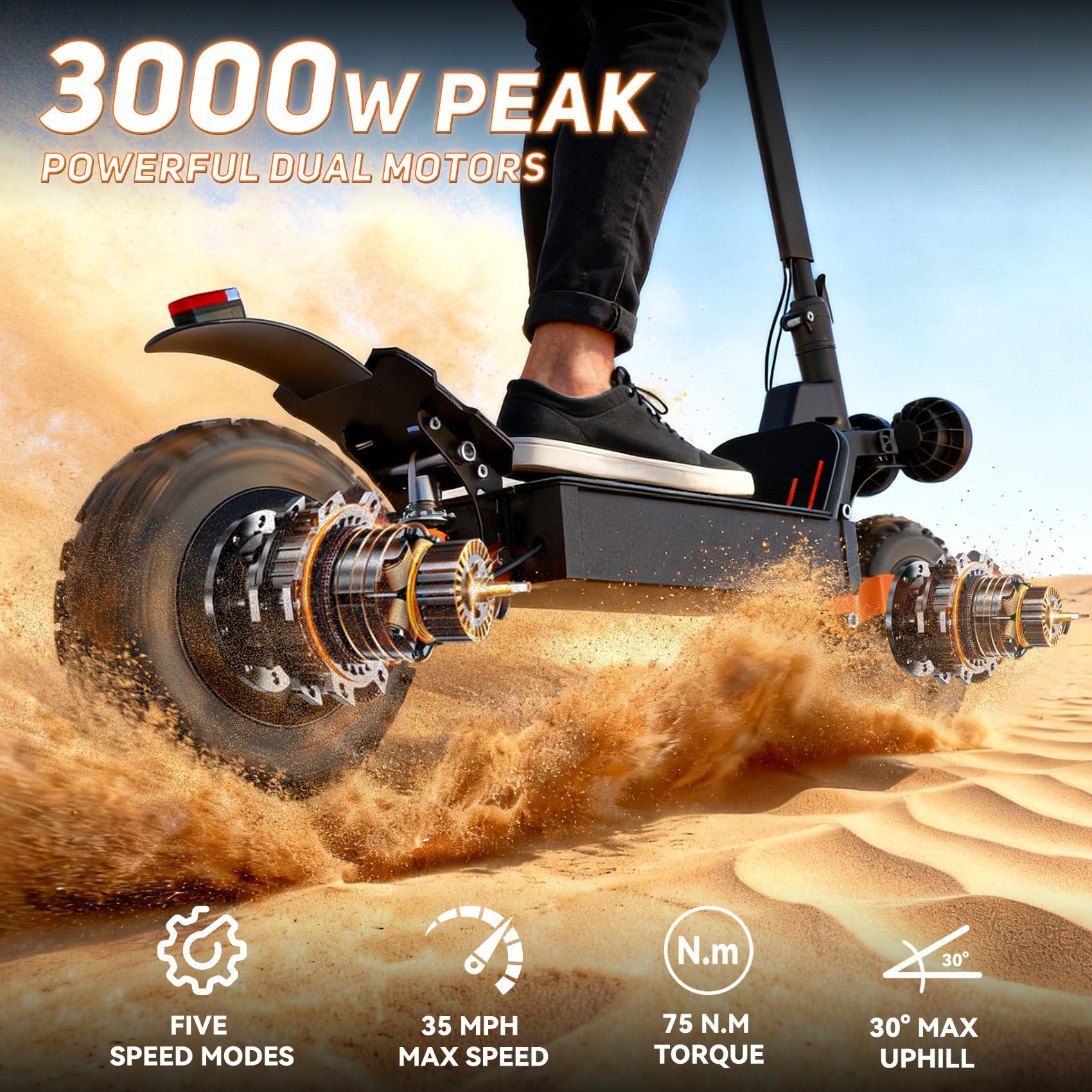 Off Road Electric Scooter for Adults, 3000W Dual Motors, Up to 56 KM/H & 112 KM Range, 48V 20Ah Battery, 11" All-Terrain Tires, NFC Unlock, Foldable Fast E-Scooter, Dual Suspension for Commuting — view 2