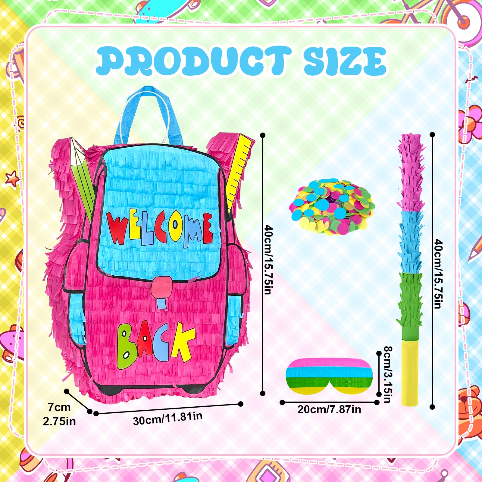 Back To School Piñata Set Include 16 x 12 x 3 Inch Backpack Pinata Stick Blindfold Confetti for First Day of Class Decorations School Classroom Elementary Kindergarten Party Games Supplies