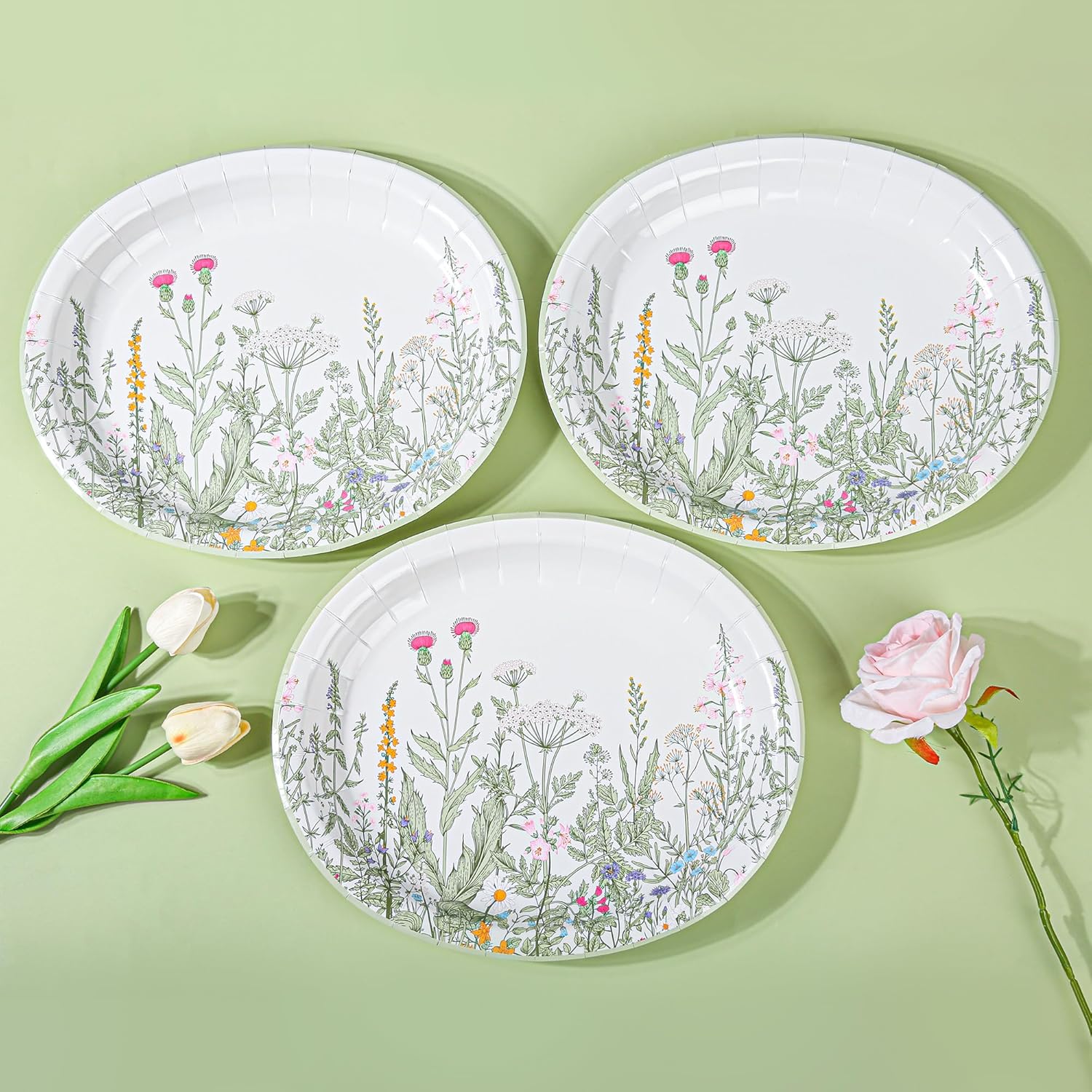 AimFun 50Pcs Wildflower Oval Paper Plates Spring Summer Floral Disposable Party Plates Vintage Garden Botanical Green Leaves Herbs 10" X 12" Dinner Serving Dish Platters