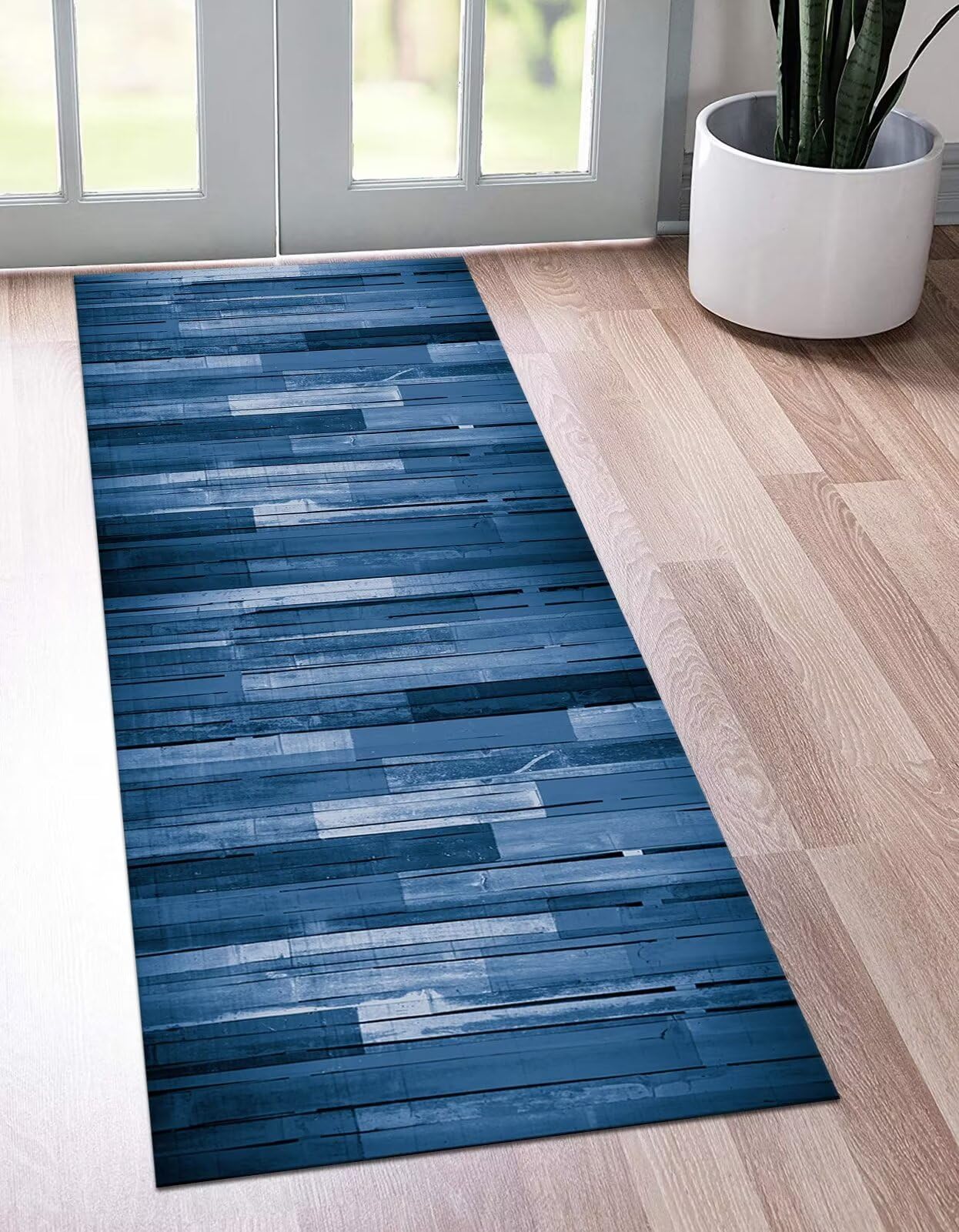 Teppich Läufer Lang Küche Flur Wohnraum Teppichläufer Rutschfest Waschbar Küchenläufer Teppichmatten Blau Holzmaserung 60X300CM Meterware Läufer Flurteppich Wohnzimmer Schlafzimmer Küchenteppich