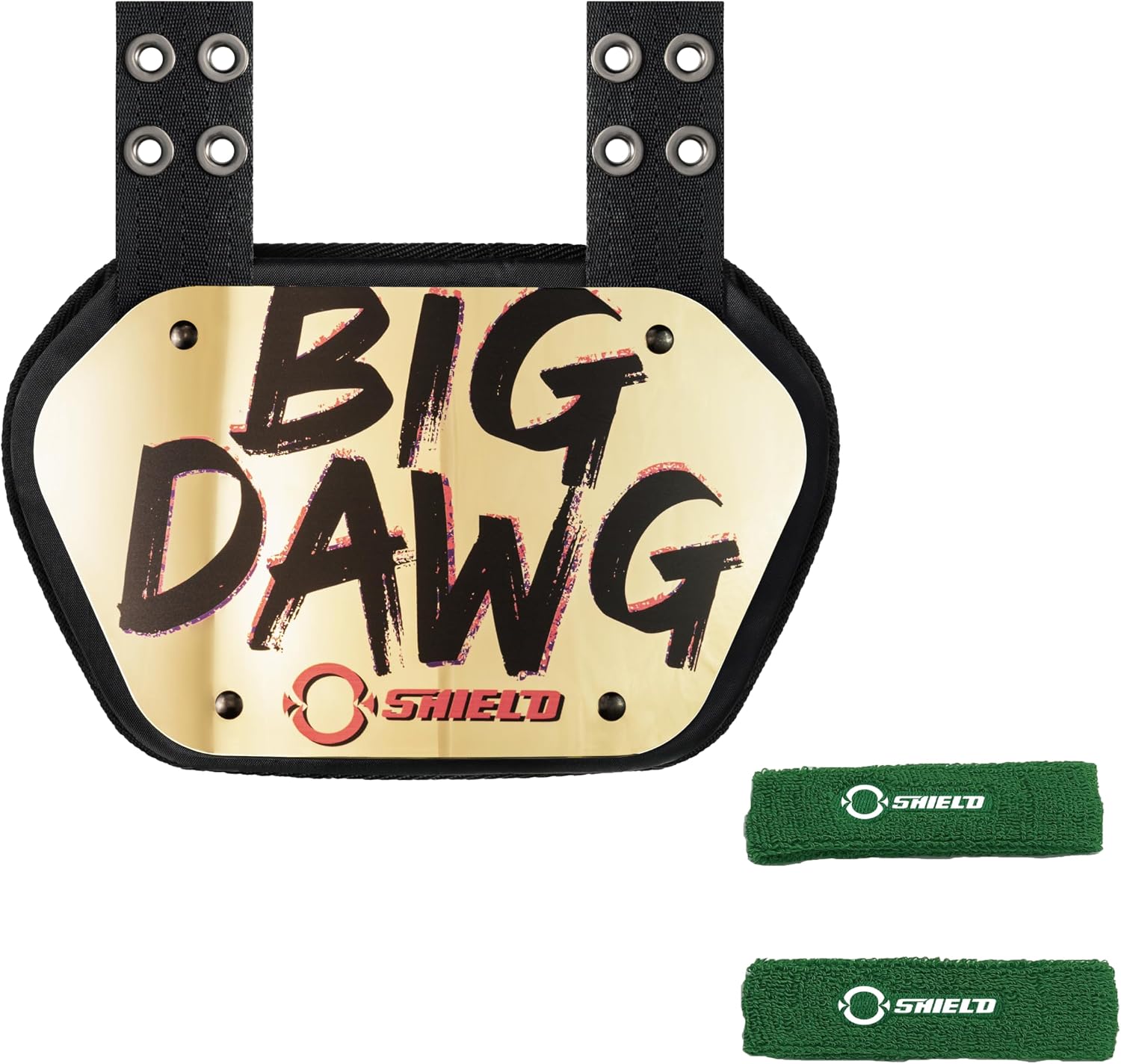 O Shield Big Dawg Football Backplate with Green Sports Arm Band, Backplate Football with Bicep Band, Sold by Package