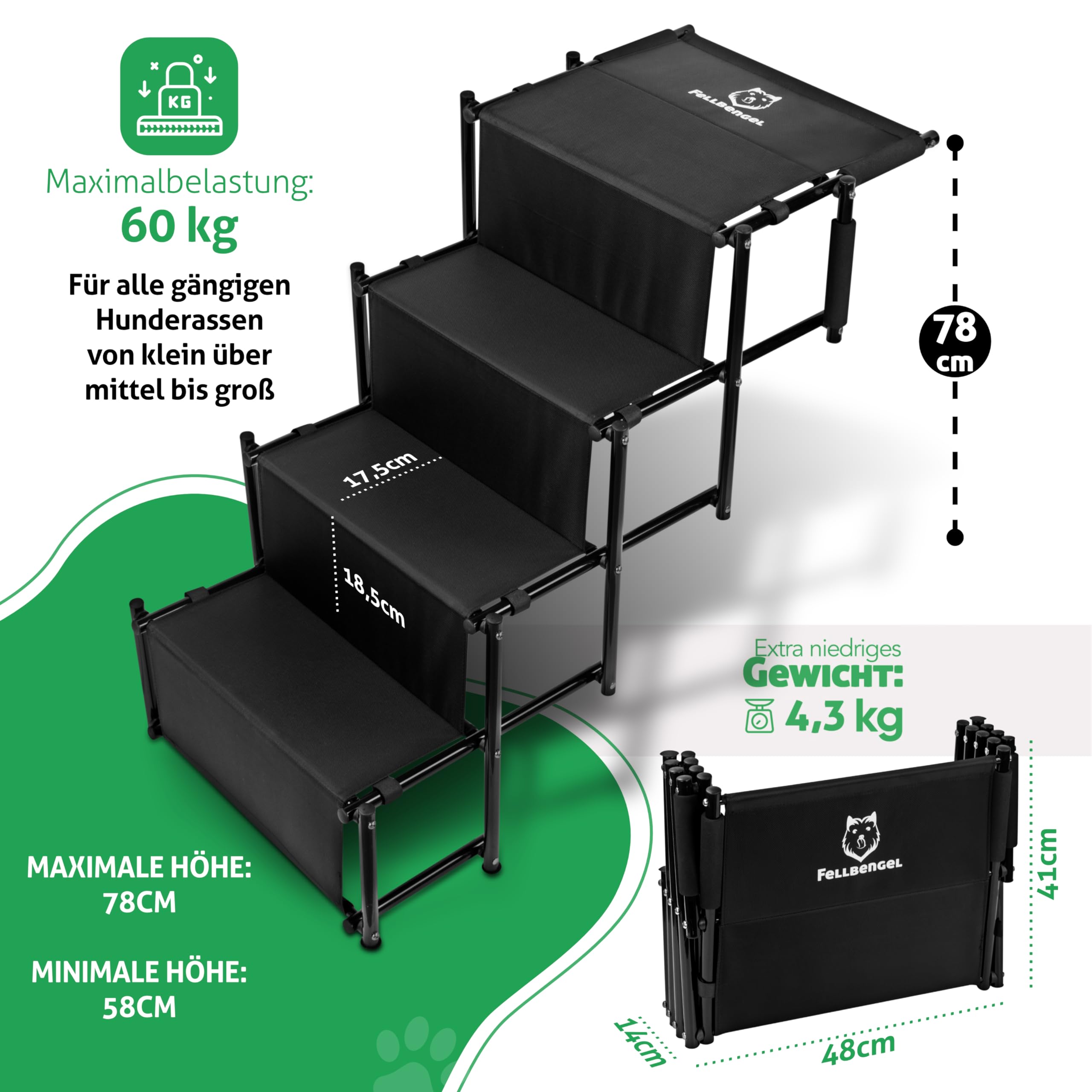 Hundetreppe Auto [mit einzigartiger Sicherheitsstufe] Hunderampe Auto klappbar - Einstiegshilfe Hund Auto - Hundetreppe große Hunde - Hundeleiter faltbar bis 60kg