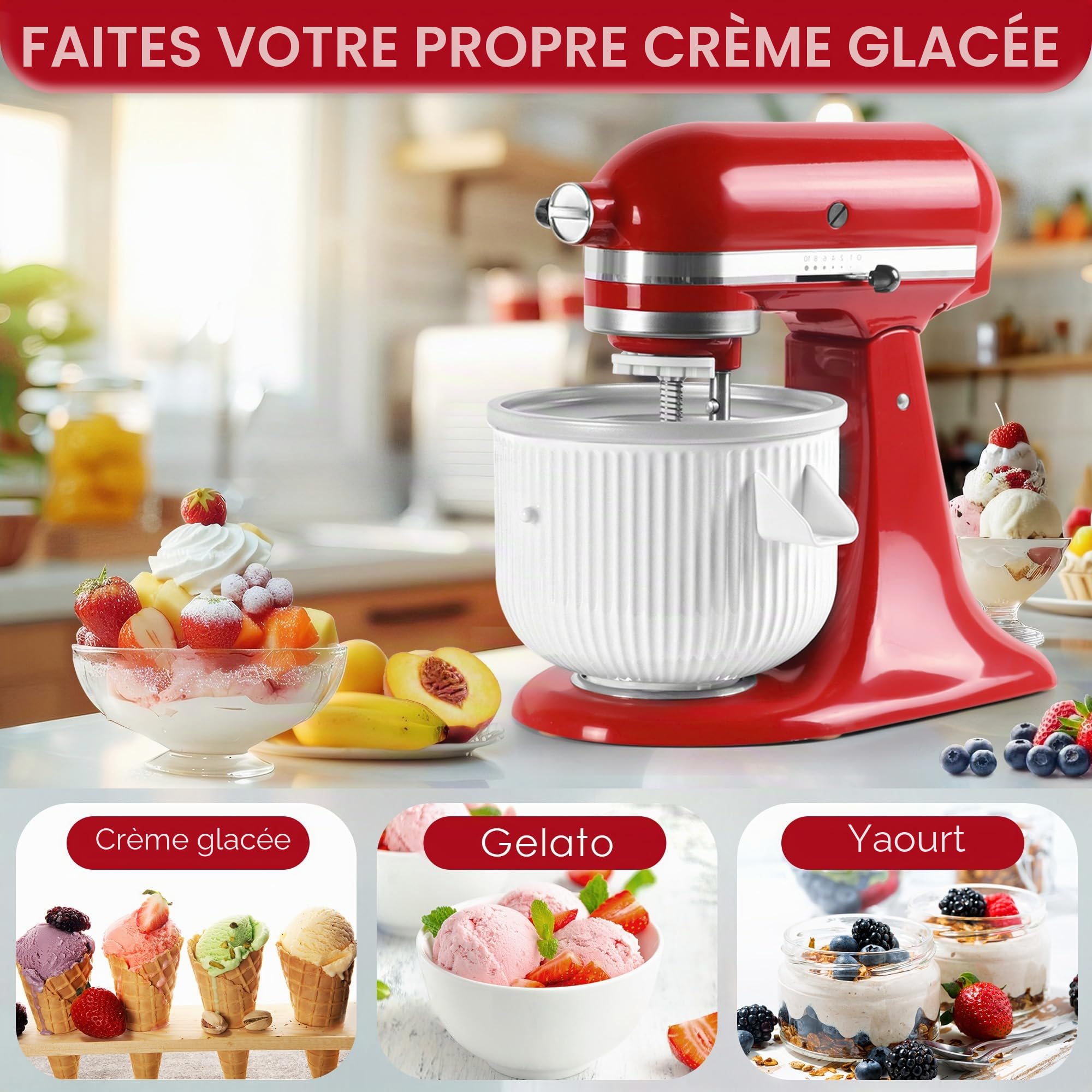 Accessoire pour machine à crème glacée KitchenAid, compatible avec les batteurs sur socle 4,5/5 QT et 6 QT, 2 litres, blanc