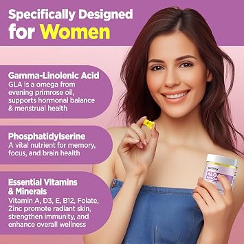 Vegan Omega 3 Gummies for Women, Algae Omega 3 1000mg Supplement with DHA, EPA, GLA, Vitamin A, E, B12, Folate, Skin & Brain Health, Sugar Free, 60 Count