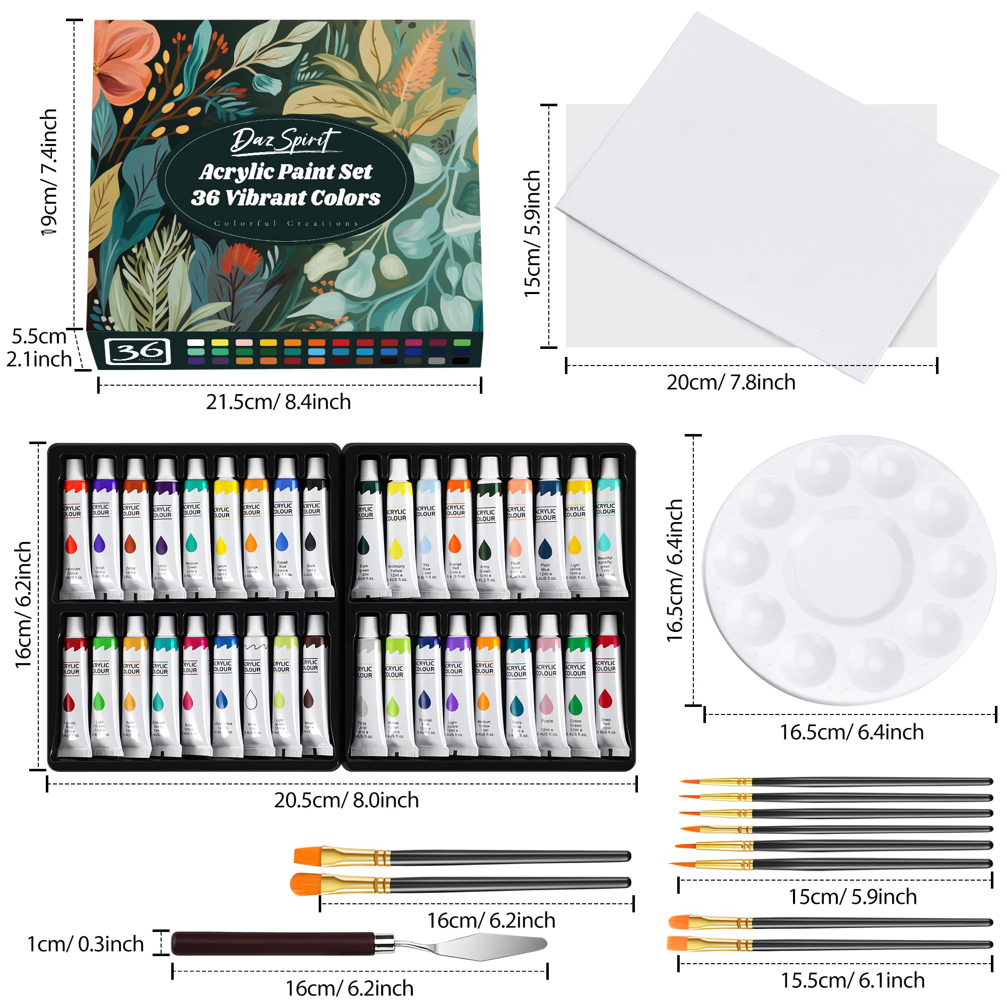 DazSpirit Set di Pittura Acrilica da 36 Colori | Colori Acrilici per Dipingere, Inclusi Pennelli, Palette e Tele, Colori Acrilici Ideale per Tela, Legno, Tessuto | per Principianti, Adulti e Bambini