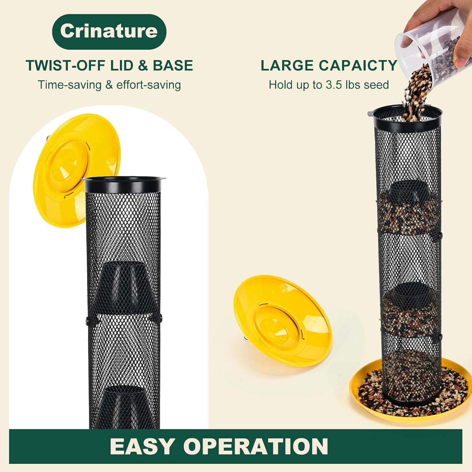 Finch Bird Feeder for Outdoors,Metal Mesh Tube Bird Feeders for Nyjer & Thistle Seed, 3.5 lbs Large Capacity (Yellow)
