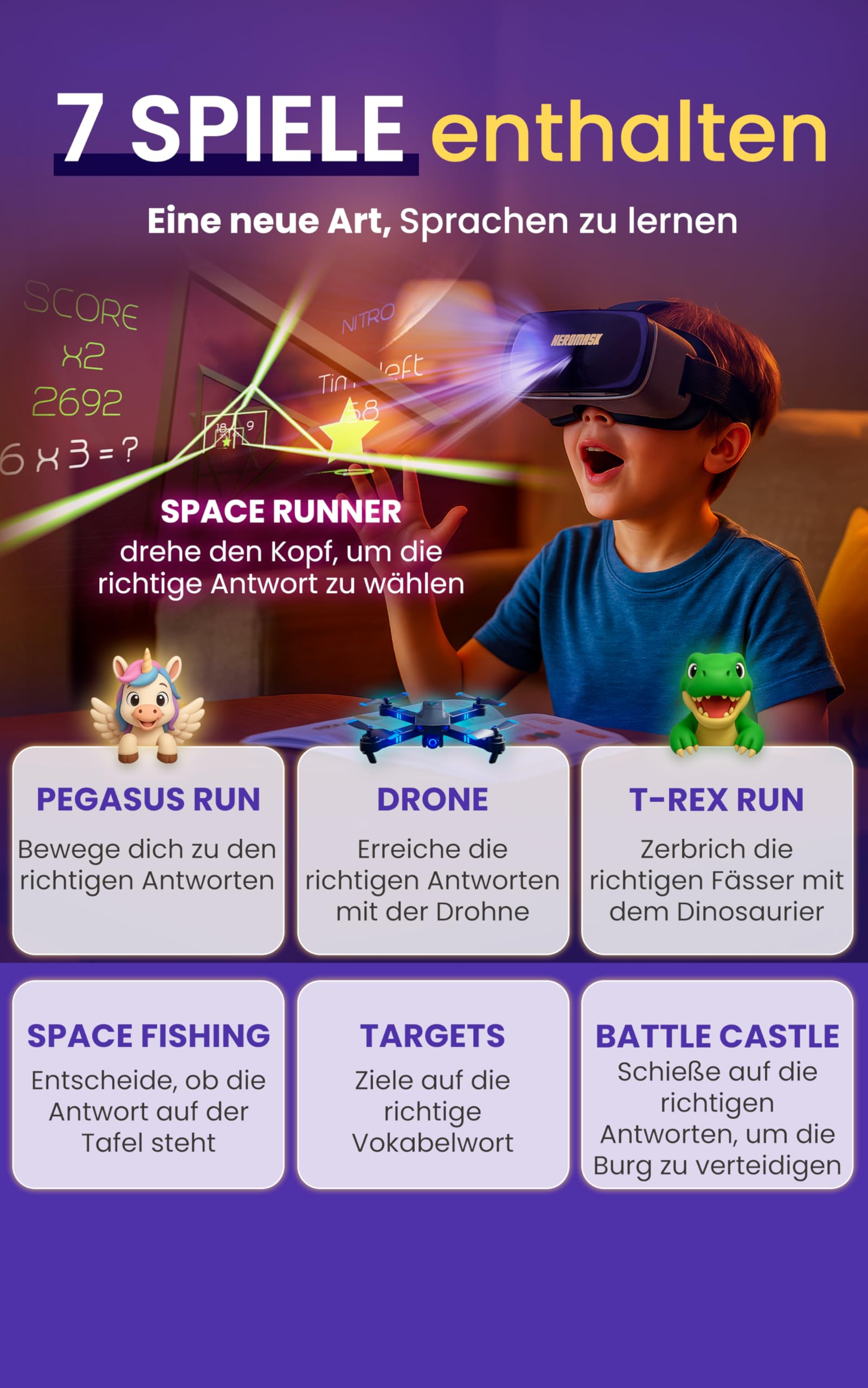 Heromask Sprachen + Mathematik Bundle – 2-in-1 VR Lernspiel | Sprachen & Rechnen Spielerisch Lernen | Originelles Geschenk für Kinder 5–12 Jahre, Kompatibel mit iOS & Android