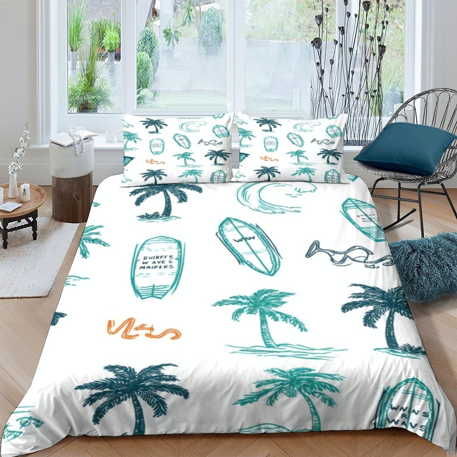 GPLZQXKJNH 3D Printed Palm Tree Duvet Cover Microfiber Soft Breathable Surfboard Bedding Set with 2 Pillowcases for Bedroom Decor Single（135x200cm）