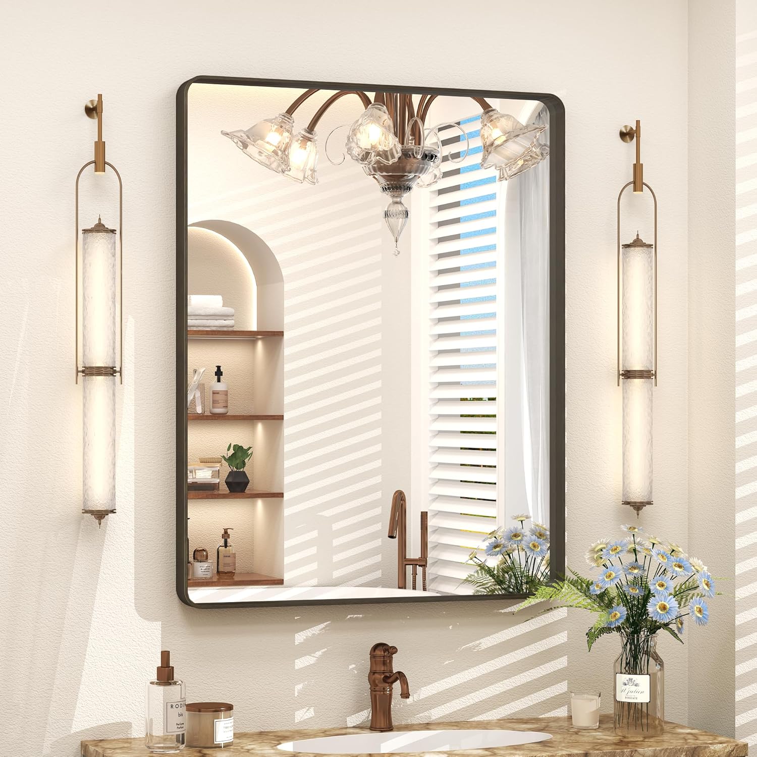24x32 Inch Bronze Framed Bathroom Mirror, Brushed Bronze Metal Vanity Mirror, Bronze Rectangle Wall Mirror, Rounded Corner, Tempered Glass, Anti-Rust, Shatterproof (Horizontal/Vertical) 32"L x 24"W Bronze