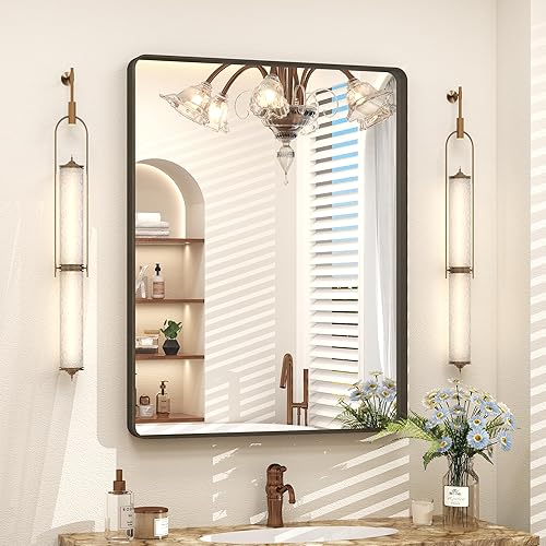 Miniatura 102 de Espejo de baño con marco negro de 20 x 30 pulgadas para pared, espejo de pared con marco de metal mate, espejo rectangular de esquina redondeada