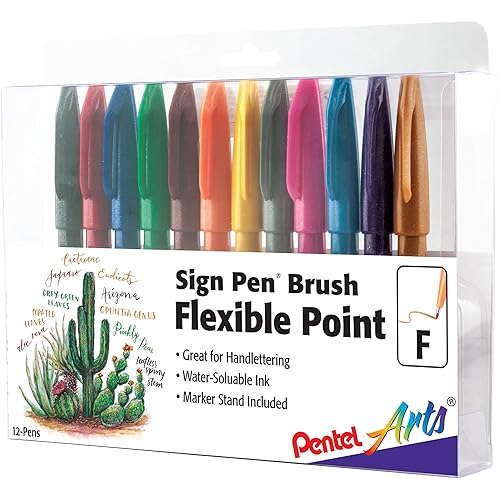 Pentel Arts Sign Pen Touch, Fude Brush Tip, 12 Assorted Colors in Marker Stand (SES15CPC12)