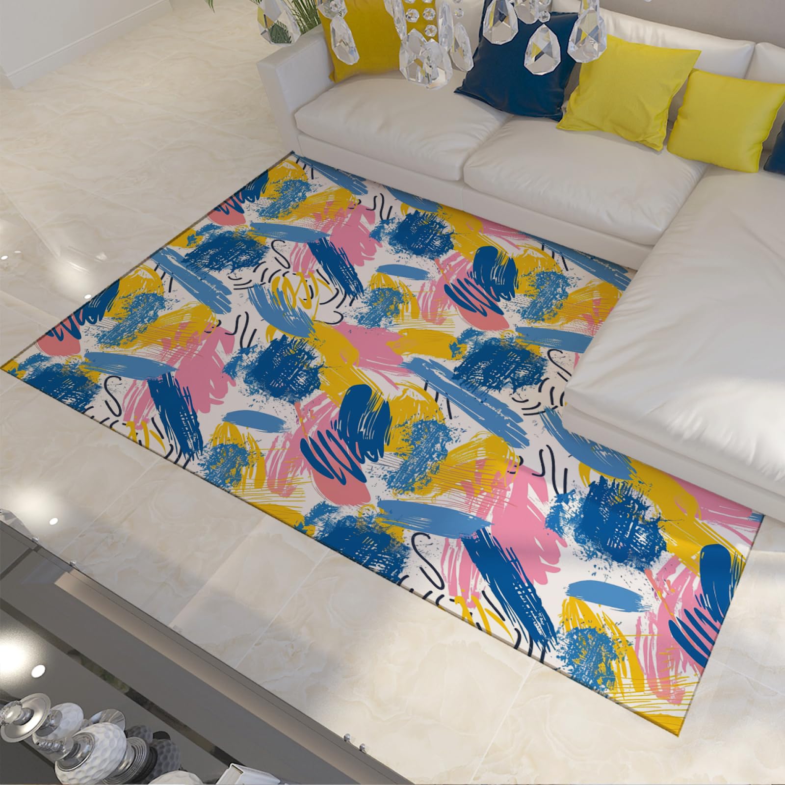 Tapis chambre enfant rose jaune doodles aquarelle pour salle à manger