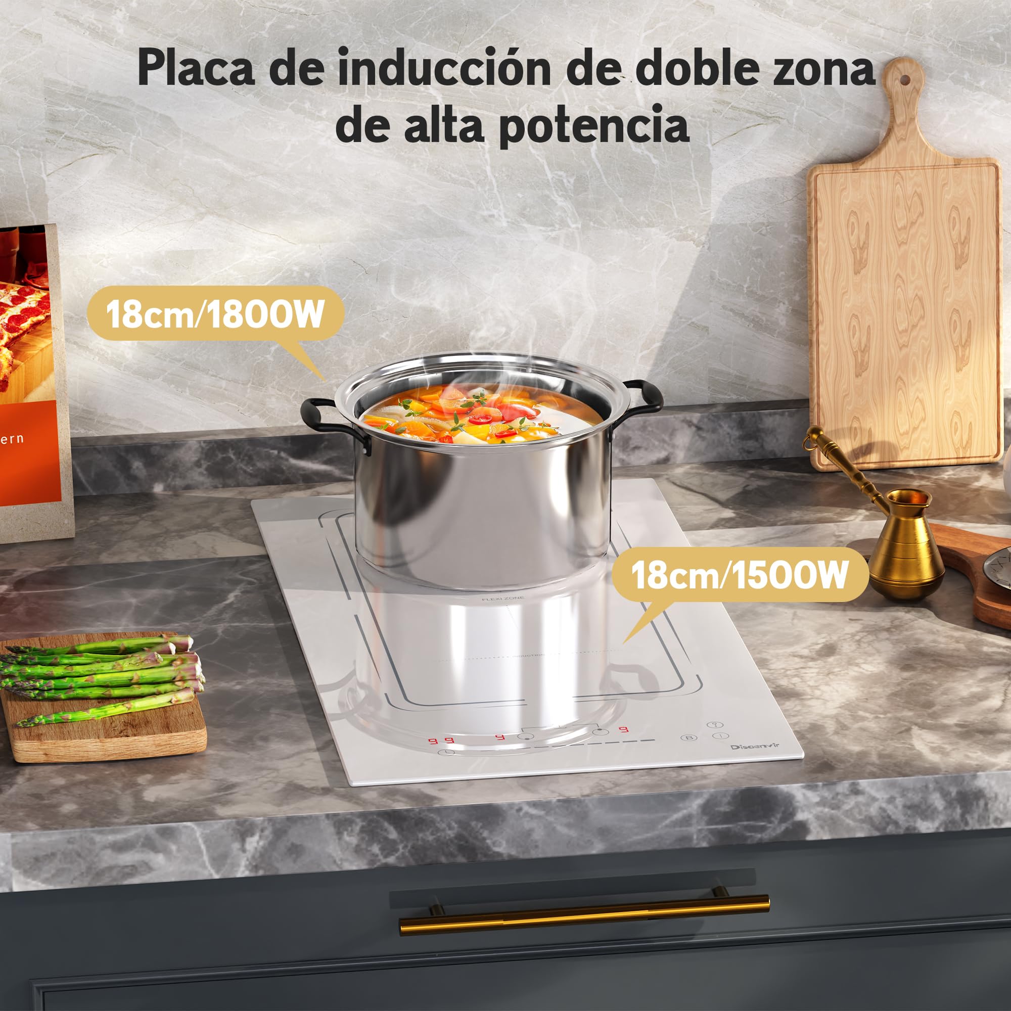 Placa inducción Disaenvir de 2 Fuegos Empotrable, Blanco, 30 cm, 3500 W, enchufe de 220 V, 9 Niveles de Potencia, Función Boost, Temporizador y Protección Antitoque, Flexible
