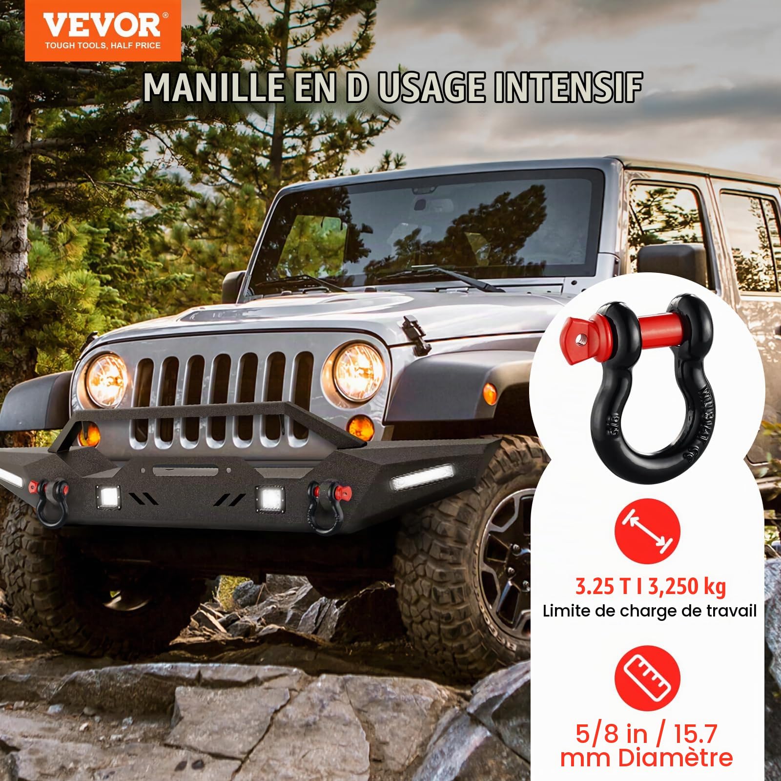 VEVOR Manille à anneau D 16 mm, lot de 4 manilles de remorquage acier allié, résistance à rupture 13 t avec goupille à vis 19 mm, manilles accessoire de récupération pour VTT, camions, jeep, noir