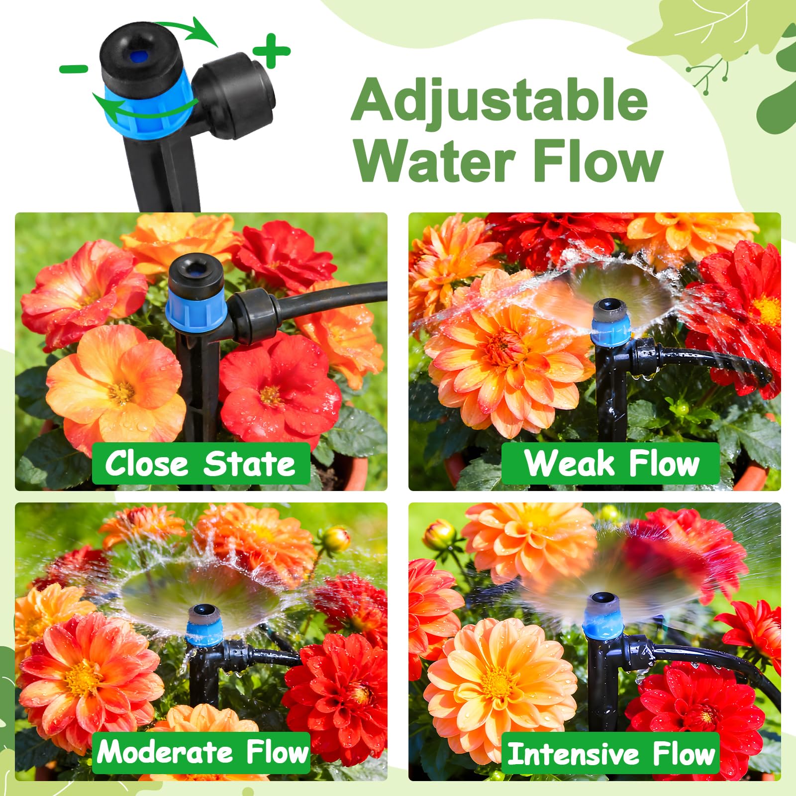 30 emisores de riego por goteo de conexión rápida Vortex para tubos de 1/4 pulgadas, flujo de agua ajustable de 360 grados en forma de ventilador, emisor de pulverización en estaca de 5