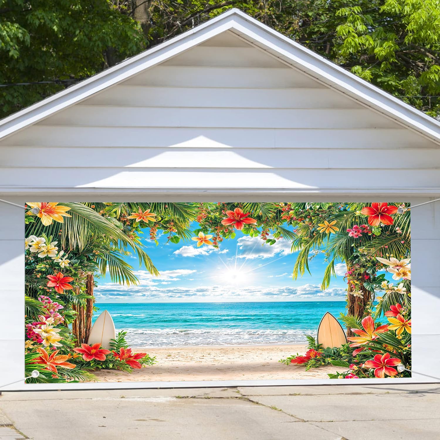 Summer Beach Garage Door Banner Backdrop Tropical Hawaii Palm Tree Floral Garage Door Banner Cover Decoration Blue Sea Sky Sunshine Luau Party Photo Background Party Banner Hanging Decor 16X7FT