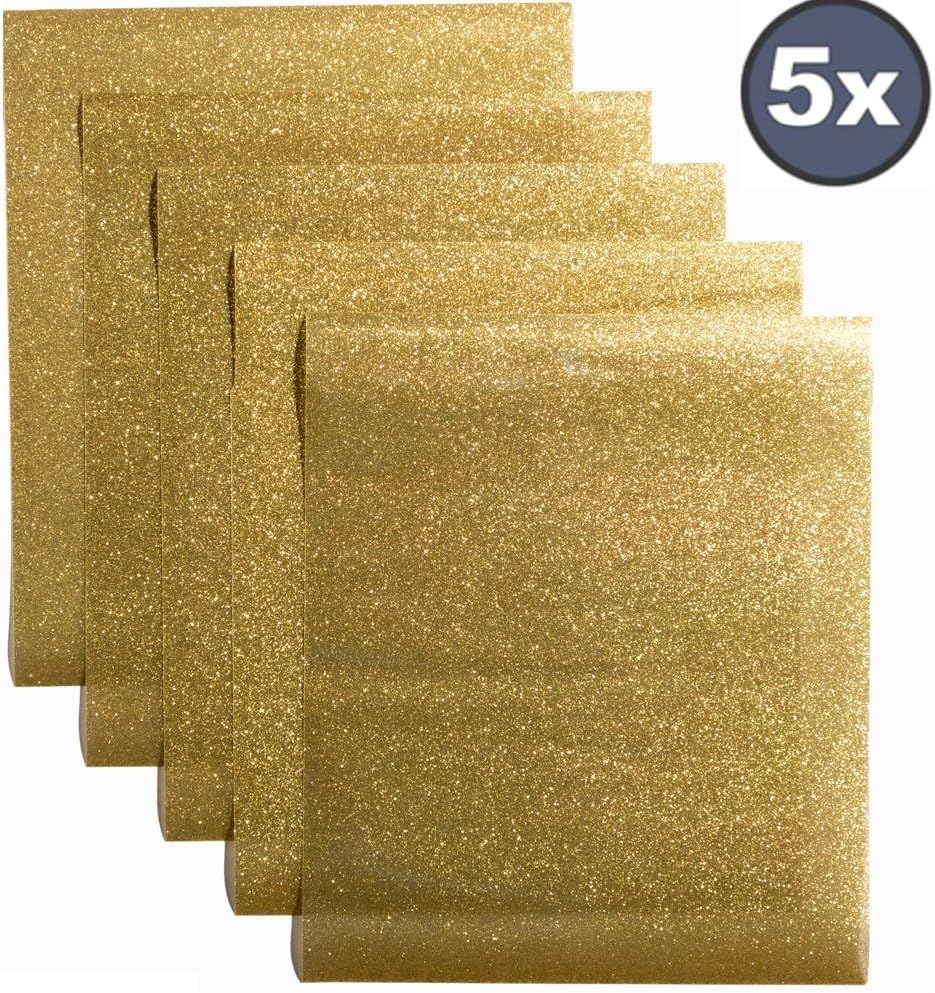 5 Gold Color Premium Quality Glitter HTV Sheets (12 by 10 Inches) for T-Shirts and Other Fabrics - Press on HTV Vinyl for Silhouette Cameo, Cricut, Craft Cutters and More