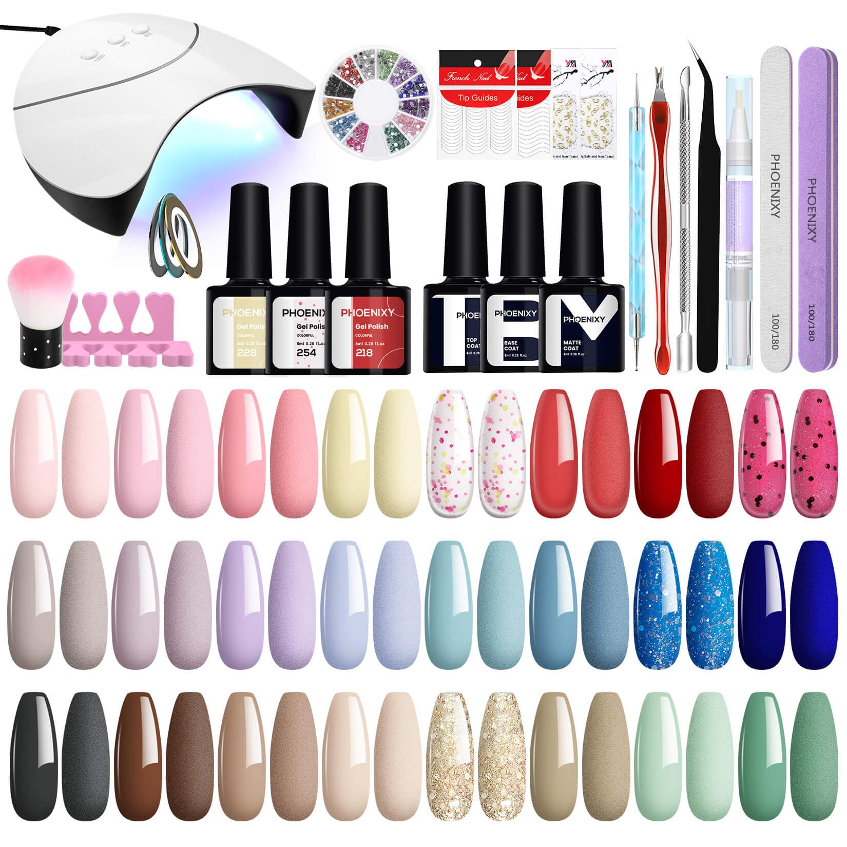 Phoenixy Kit Uñas Semipermanentes con Lámpara U V/LED 24 Colores Kit Uñas de Gel Completo con Decoración Set Manicura Semipermanente Regalos para Mujeres