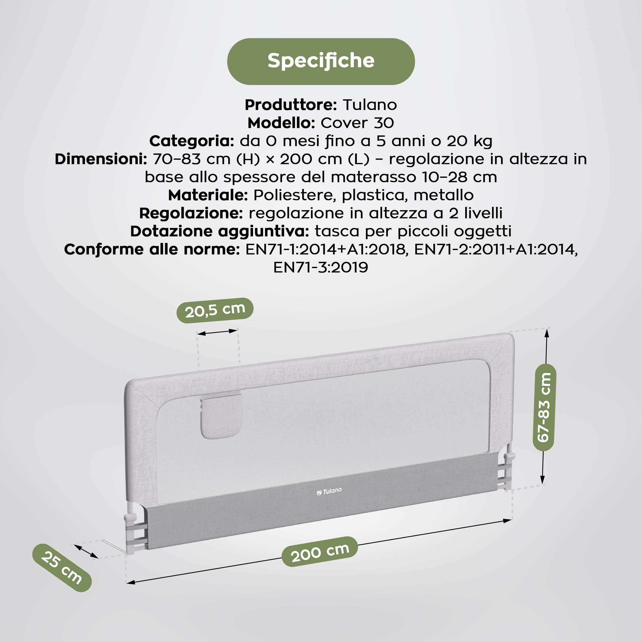 TULANO Cover 30 Barriera di sicurezza per letto 200 cm - Pieghevole a 180° | per materassi da 10 a 28 cm - con tessuto traspirante e angoli arrotondati - facile da montare - per bambini - bianco